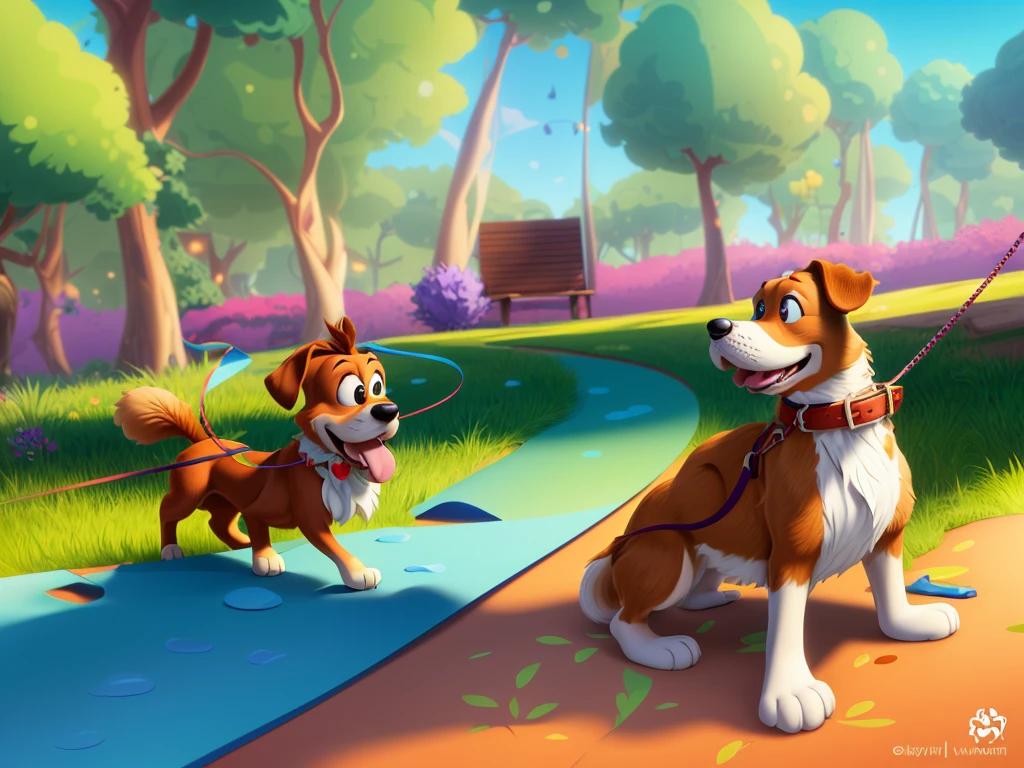 cartoon drawing of two dogs on a leash in a park, animated disney movie inking, published concept art, stylized linework, whole page illustration, by Istvan Banyai, concept art for a video game, by Maksimilijan Vanka, colorkey scene, cartoon concept art