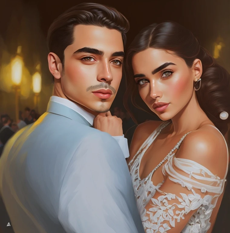 there is a man and a woman that are posing for a picture, in illustration style digital, pintura digital dos desenhos animados, arte de pintura digital dos desenhos animados, No estilo de arte Bowater, Cartoon style illustration, arte dos desenhos animados, estilo de arte dos desenhos animados, Estilo de arte realista, Estilo de arte realista, retrato de alta qualidade, Arte Digital. @mariomaniacdude, Arte Digital of an elegant