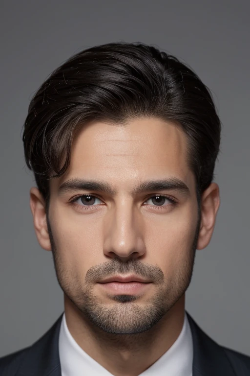 "Generar una imagen de Nacho, un hombre imponente de 2 metros de altura y 100 kilogramos de peso. Su cabello es  azabache, his eyes are grayish blue, y su piel tiene un tono aceitunado. A pesar de su apariencia, No one would say he has Russian ancestry.. Su rostro es ovalado, with a small hourglass shaped knob. Los ojos de Nacho son grandes y rasgados, accompanied by a long and ankylosed nose. Su boca es larga, with the lower lip slightly thicker than the upper lip. Tiene miembros largos, delgados y fibrosos, y una espalda ancha, como si siempre llevara puesto un traje Slim fit hecho a medida. The image seeks to capture Nacho's unique and distinctive presence, balancing the elegance of his facial features with the robustness of his physical build."