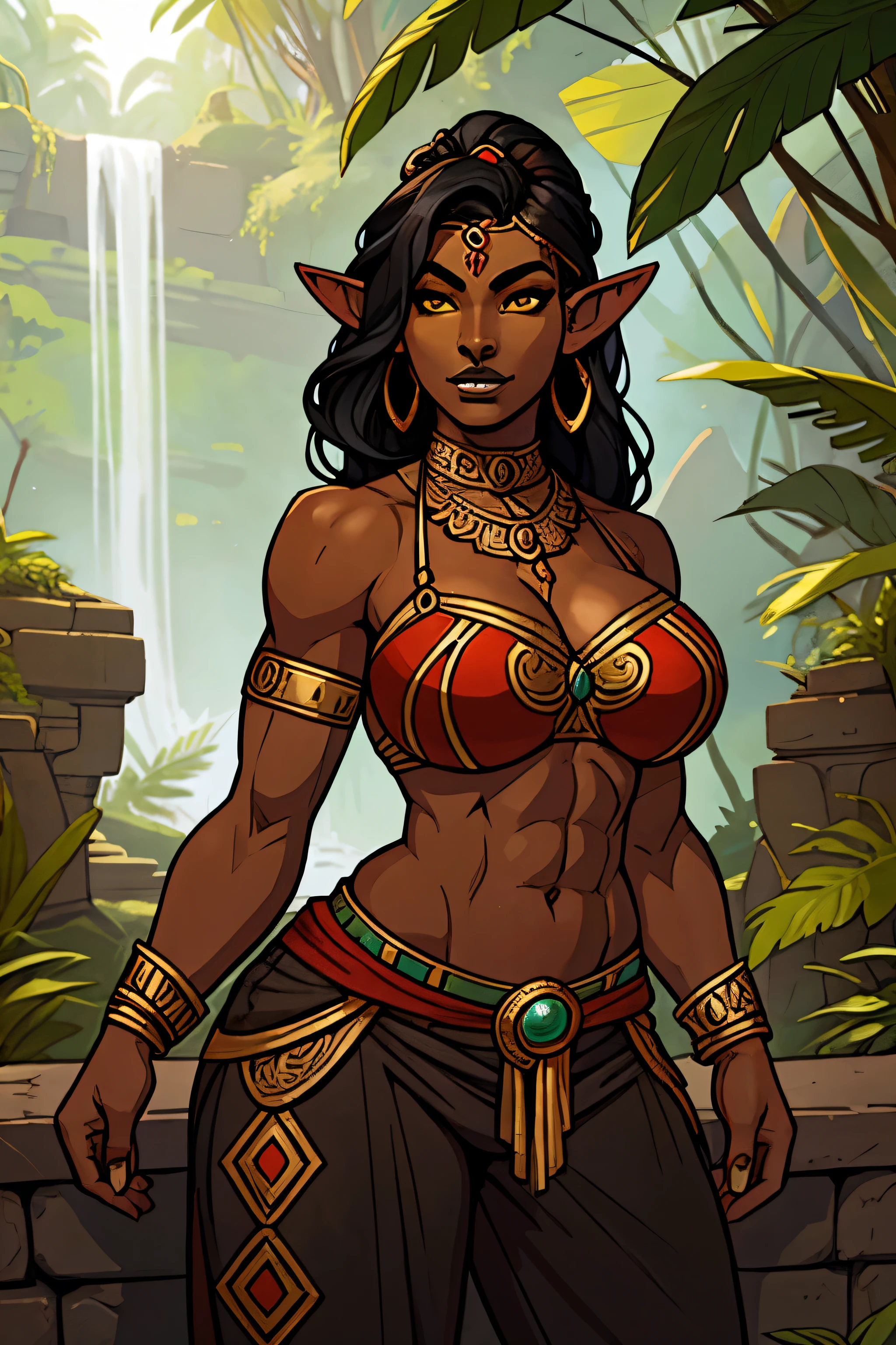 1 girl, sports gerudo, elf ears, Yellow eyes, dark lipstick, black hair, (dark skin:0.7), (Detailed Face:1.1), portrait of a traveling merchant with very wide hips, tetas grandes, Aztec style outfit, long pants in the jungle outdoors, tmasterpiece, Best Quality, Highly detailed