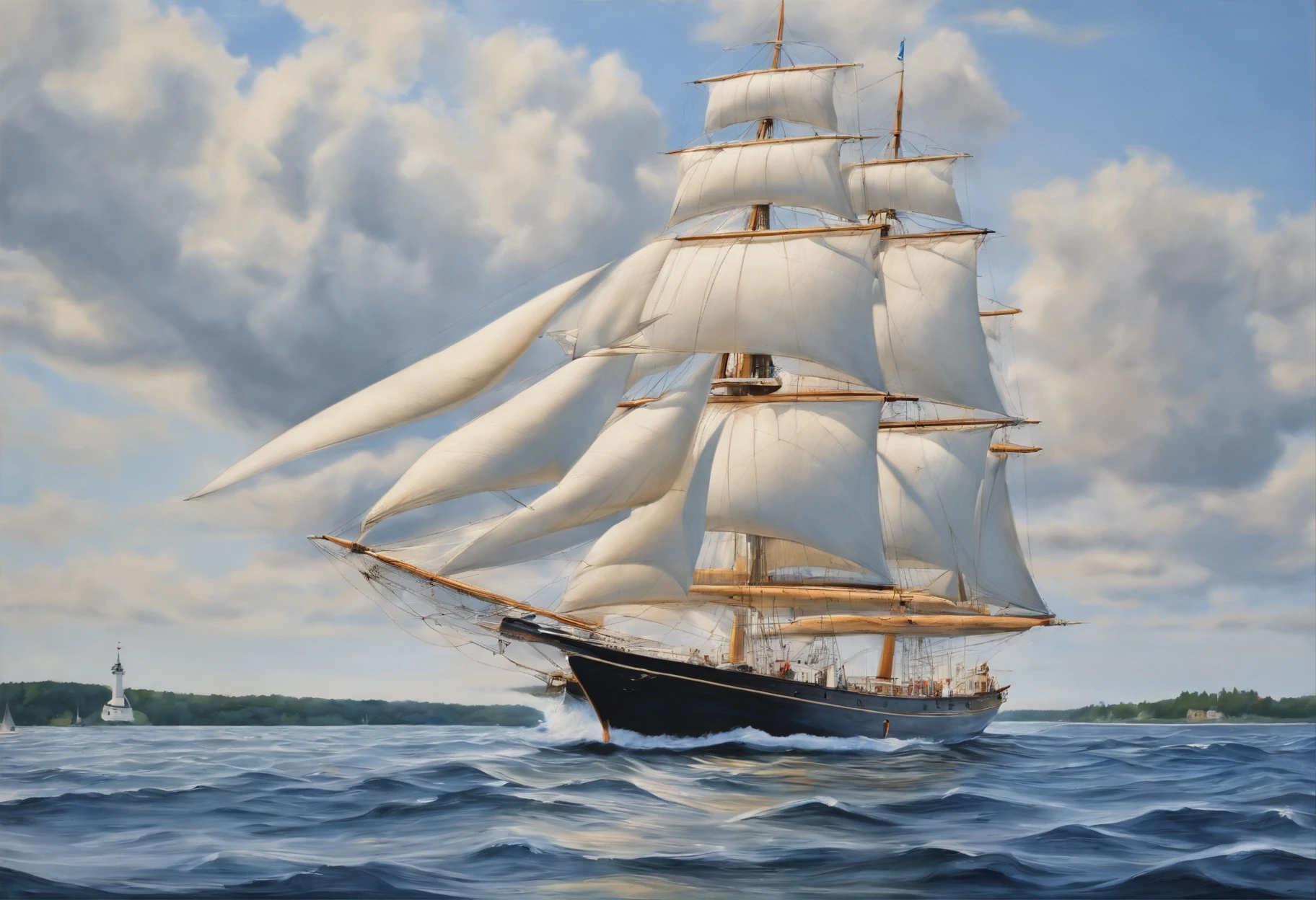 photo of a large sailboat, set in the archipelago of Stockholm, oil painting