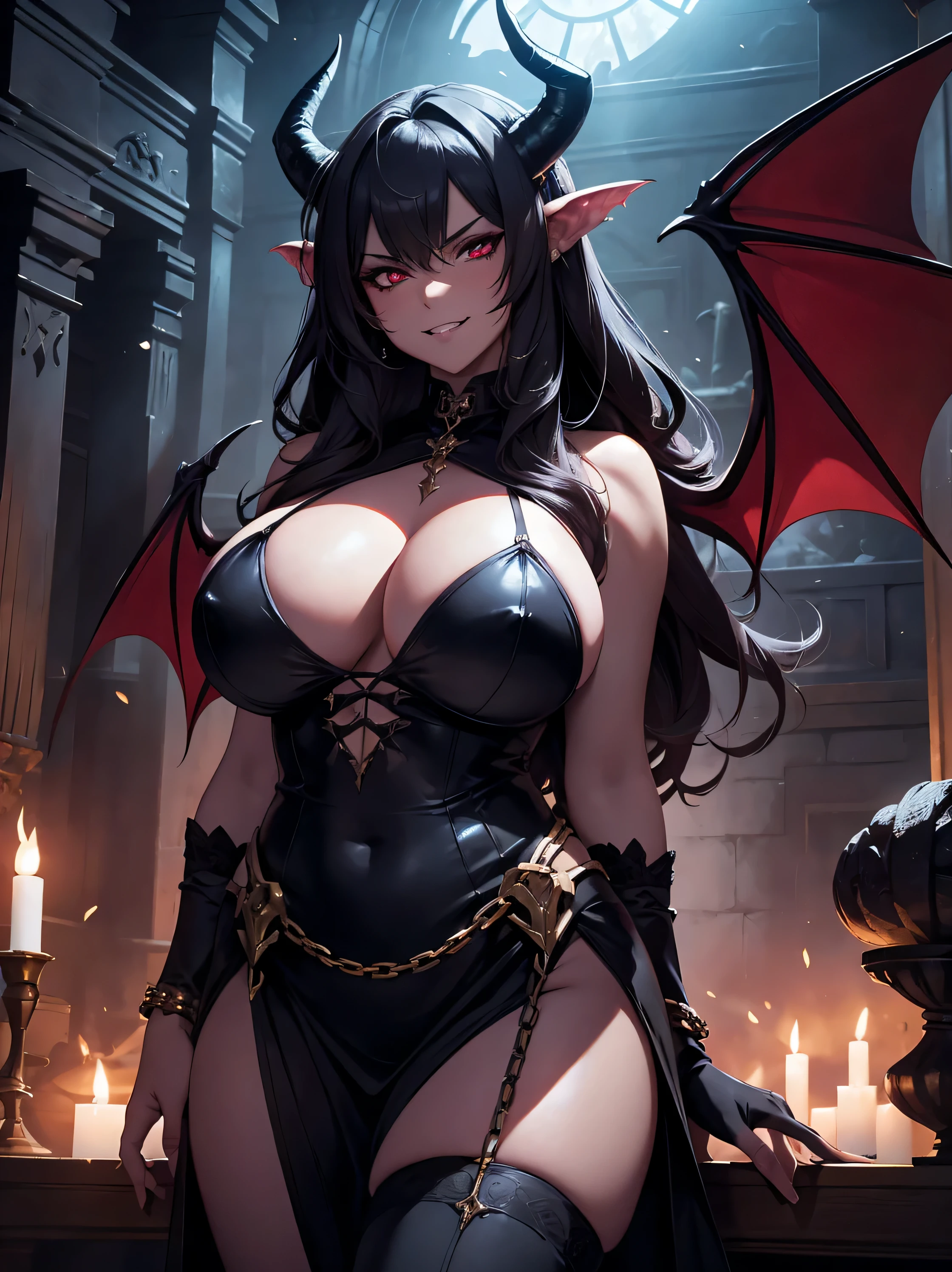 Fantasy, night, 4k, high detailed, Cinematic scene and lighting, a voluptuous succubus with horns and curvy body, in the wide dark stone hall, heavy Iron chains, evil smirk, showing teeth, red eyes, shot from below