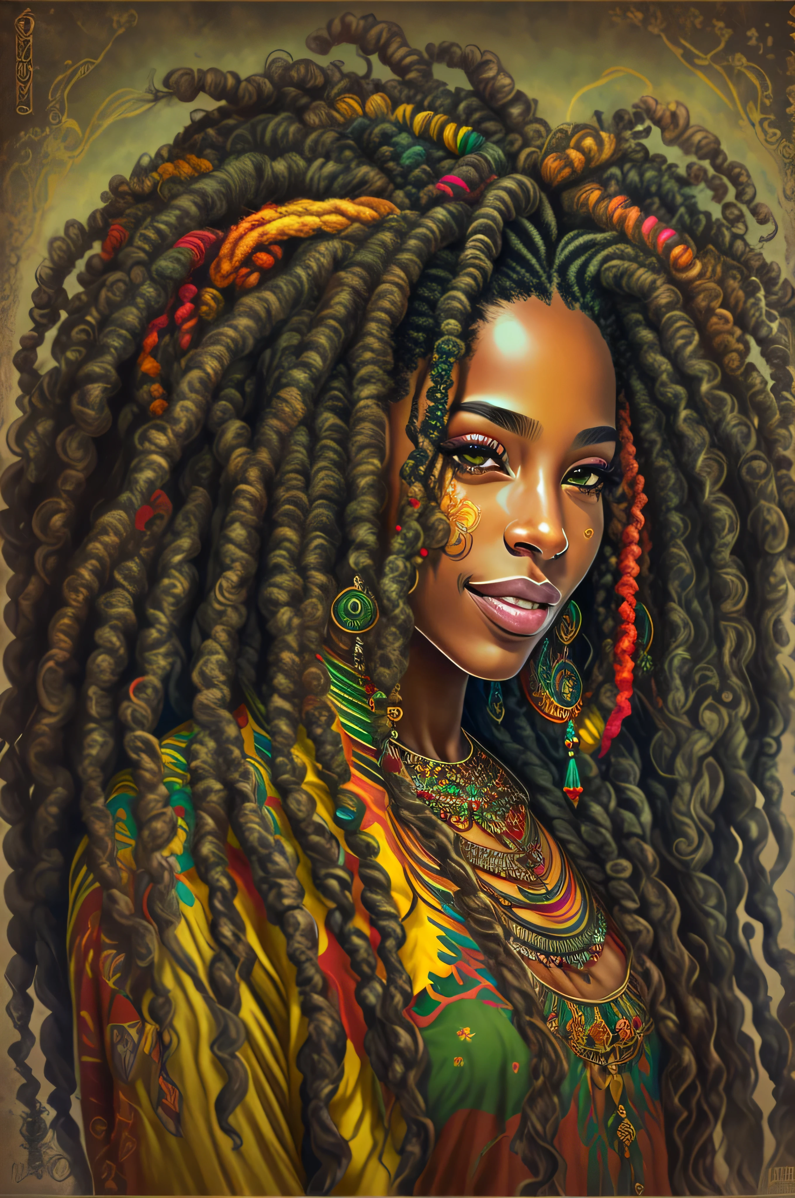 1 mulher negra rastafari sorrindo, cabelo dreadlocks Desenho tatuagem realismo nas cores do reggae
