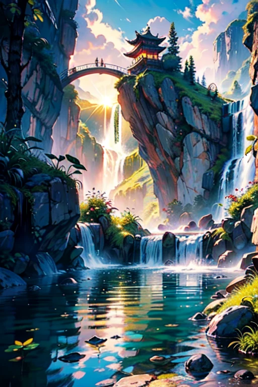 hyper-realistical masterpiece, best quality, The image portrays an otherworldly scenery that takes you on a magical journey to ancient fantasy China. In the center of the image, you see a magnificent waterfall cascading down from a towering cliff into a serene and tranquil pool below. The water sparkles with the reflection of the sun, creating a dazzling display of light. Above the waterfall, you see floating islands, each one seeming to defy the laws of gravity and physics BREAK These islands are adorned with intricate details, with pagoda-style roofs, ornate bridges, and lush gardens. The sky above is a tapestry of colors, with hues of pink, orange and purple that blend together in a stunning display of natural artistry. You also see hints of magic, with glowing orbs of light floating in the air, and intricate symbols etched into the rocks surrounding the waterfall BREAK The overall effect of the image is one of serene beauty and mystical wonder, transporting the viewer to a fantastical land that seems to exist only in the realm of dreams and imagination.