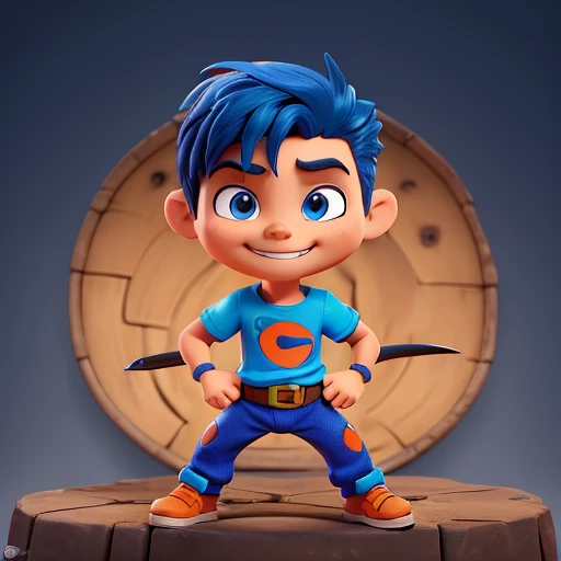 comic boy character, sorrindo, fantasiado de ninja, olhos azuis, badana ninja , hero pose, colete azul escuro com ombreiras cinzas, orange trousers, joelheiras azuis, botas cor cinza, luvas sem dedos, fundo branco