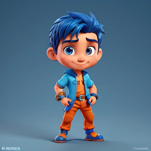 comic boy character, sorrindo, fantasiado de ninja, olhos azuis, badana ninja , hero pose, colete azul escuro com ombreiras cinzas, orange trousers, joelheiras azuis, botas cor cinza, luvas sem dedos, fundo branco