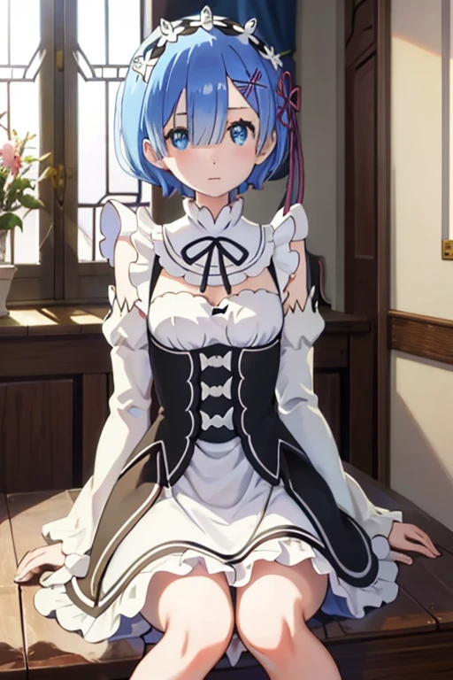 (tmasterpiece:1.6,best qualtiy),(Fine beautiful eyes:1.2),ph_REM,Remhd,1girll,Blue hair,独奏,eBlue eyes,x hair accessories,Rossvale Mansion maid uniform,maidennurse,(dress lift:1.2),White panties,Evil laughter,Solo,