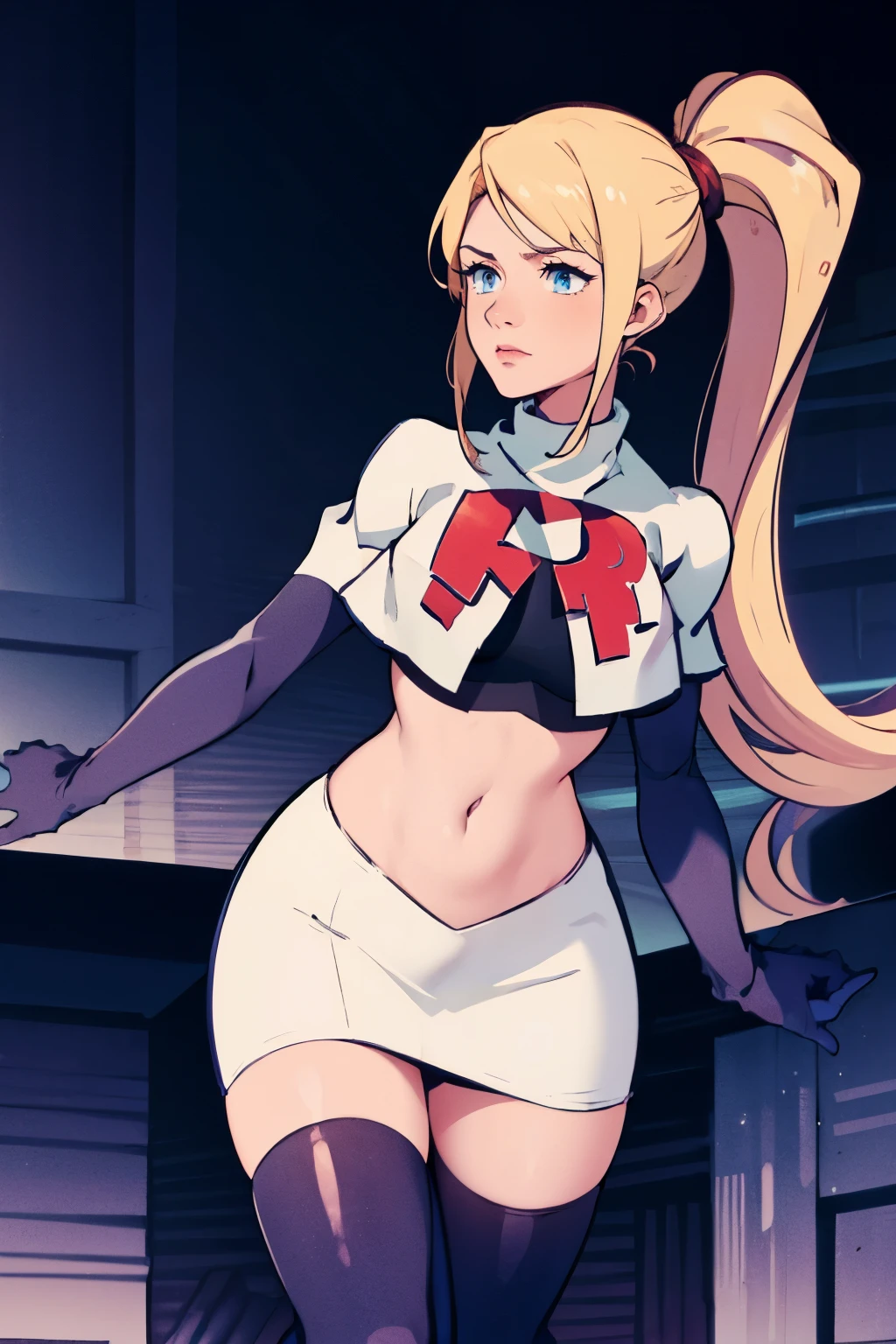 samus aran, ponytail, hair tie, team rocket, team rocket uniform, red letter R, white skirt, white crop top, black thigh-highs, black elbow gloves, spaceship background