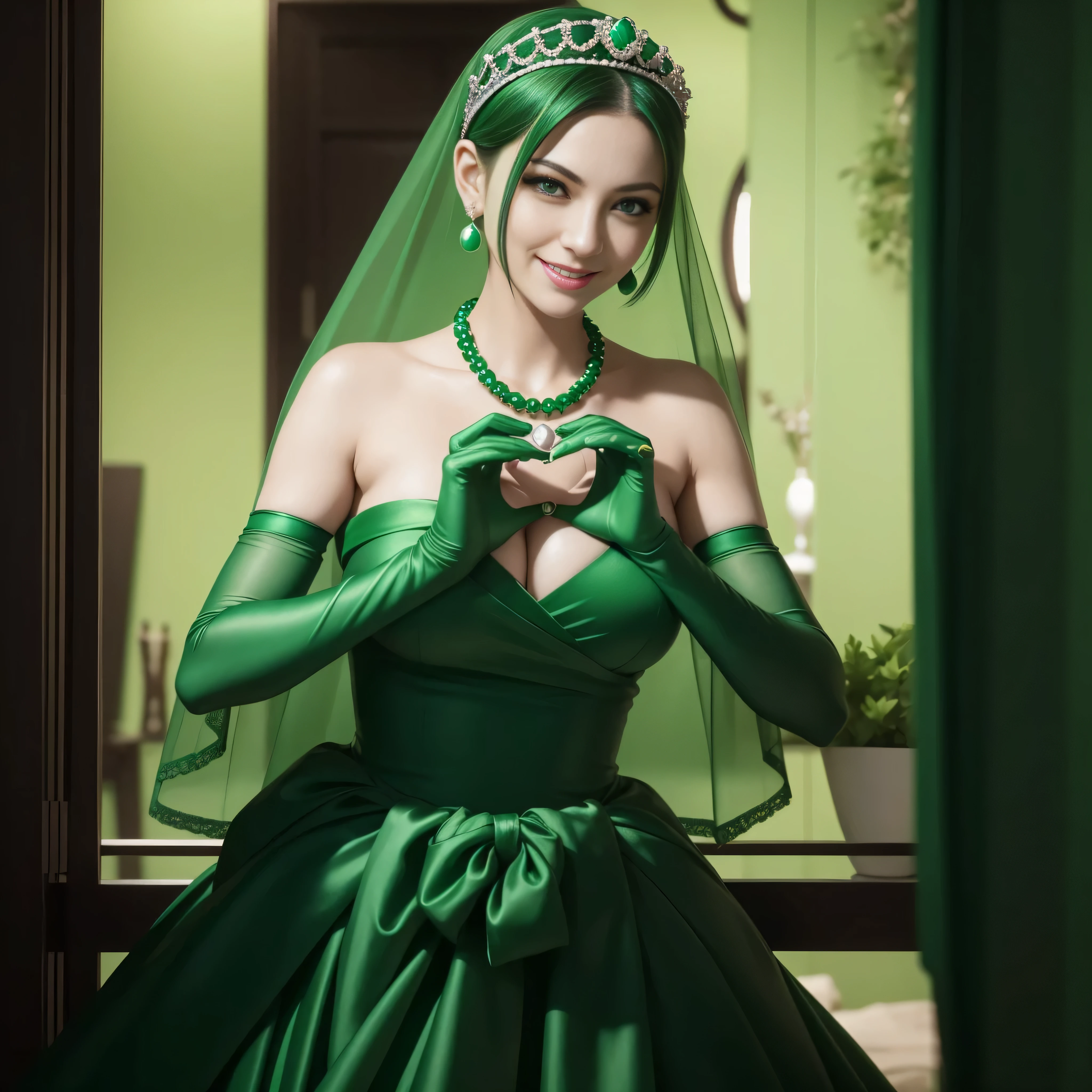 emerald tiara, Green Pearl Necklace, Boyish very short green hair, lipsticks, Japan woman smiling, very short short hair,  big breasts beautiful, Green eyes, Long green gloves made of satin material, Green eyes, Emerald Earrings, green vale, Heart with both hands