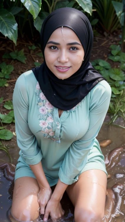 RAW, Best quality, high resolution, Masterpiece: 1.3), Beautiful Malay woman in hijab, Masterpiece, Perfect slim body, Beautiful big eyes, perfect make up, Watery eyes, perfect nose, Soft smile, Wet lips, Big breasts, ((Wearing a thin light green Malay shirt that tight floral patterned, batik, covered hijab)),sitting position on muddy rice paddy field, (( spilled mud on full body)),((mud on face)), muddy rice field, rice field background, ,(big boog breasts, , (cleavage),(characters play),looking to camera, smiling,( long black hair),(perfect fingers),(perfect blue eyes),masterpiece collection,seductive  random pose,(full body closeup camera view),high resolution, highly detailed, NSFW, SFW, (up skirt:1.5), (showing pussy with pubic hair:0.9), wet face with semen, sexy seducing poses, view from above.