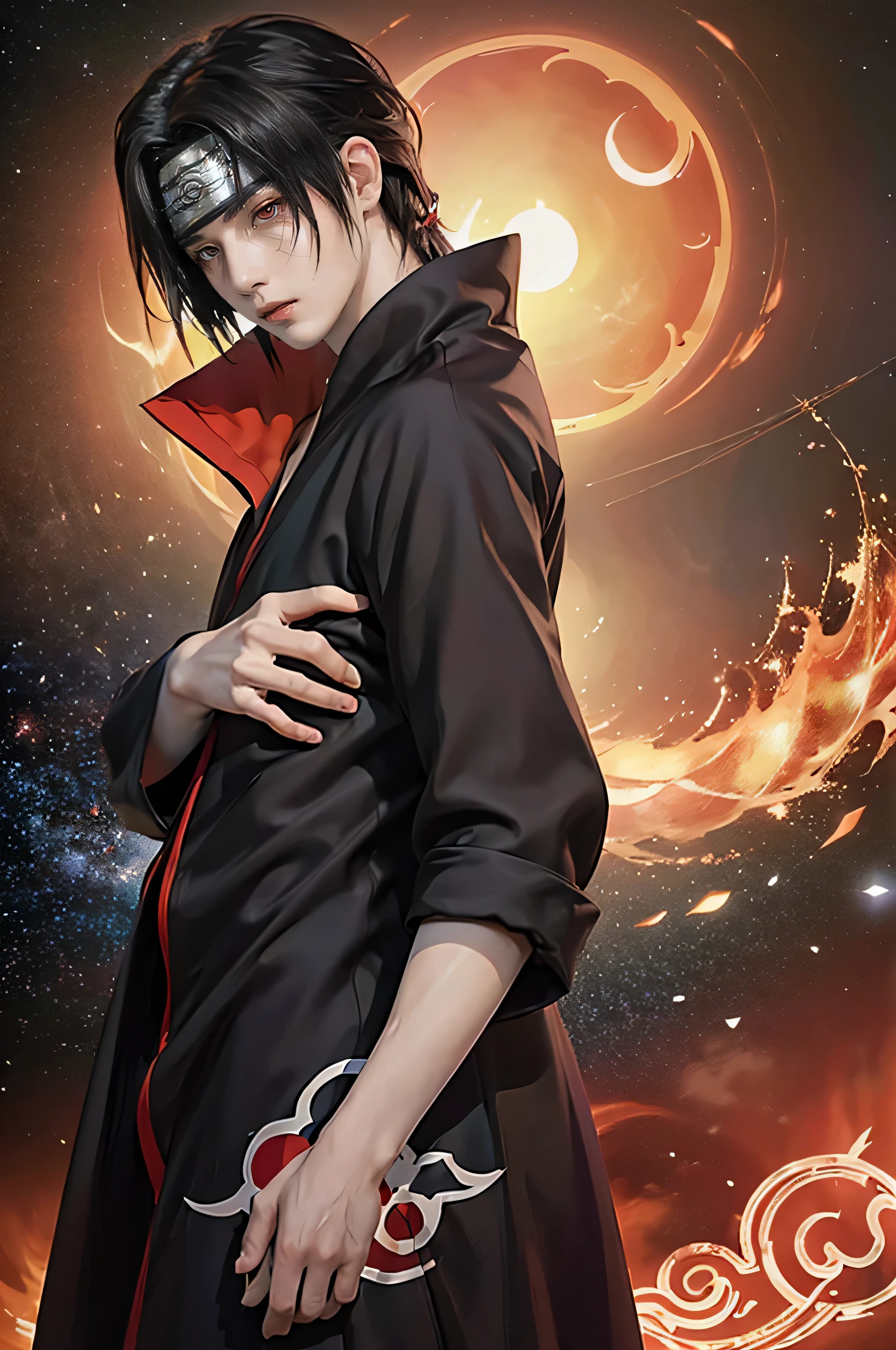 ((4K works))、​masterpiece、（top-quality)、((high-level image quality))、((One Manly Boy))、Slim body、((Date Cosplay))、((Uchiha Itachi))、((Cosplay))、(Detailed beautiful eyes)、((Smaller face))、((Neutral face))、((18year old))、((Handsome man))、((photo of a model))、((Like a celebrity))、Professional Photos、((cosplay foto))、((Shot alone))、((shot from a side angle))、((Naruto's Akatsuki Costume))