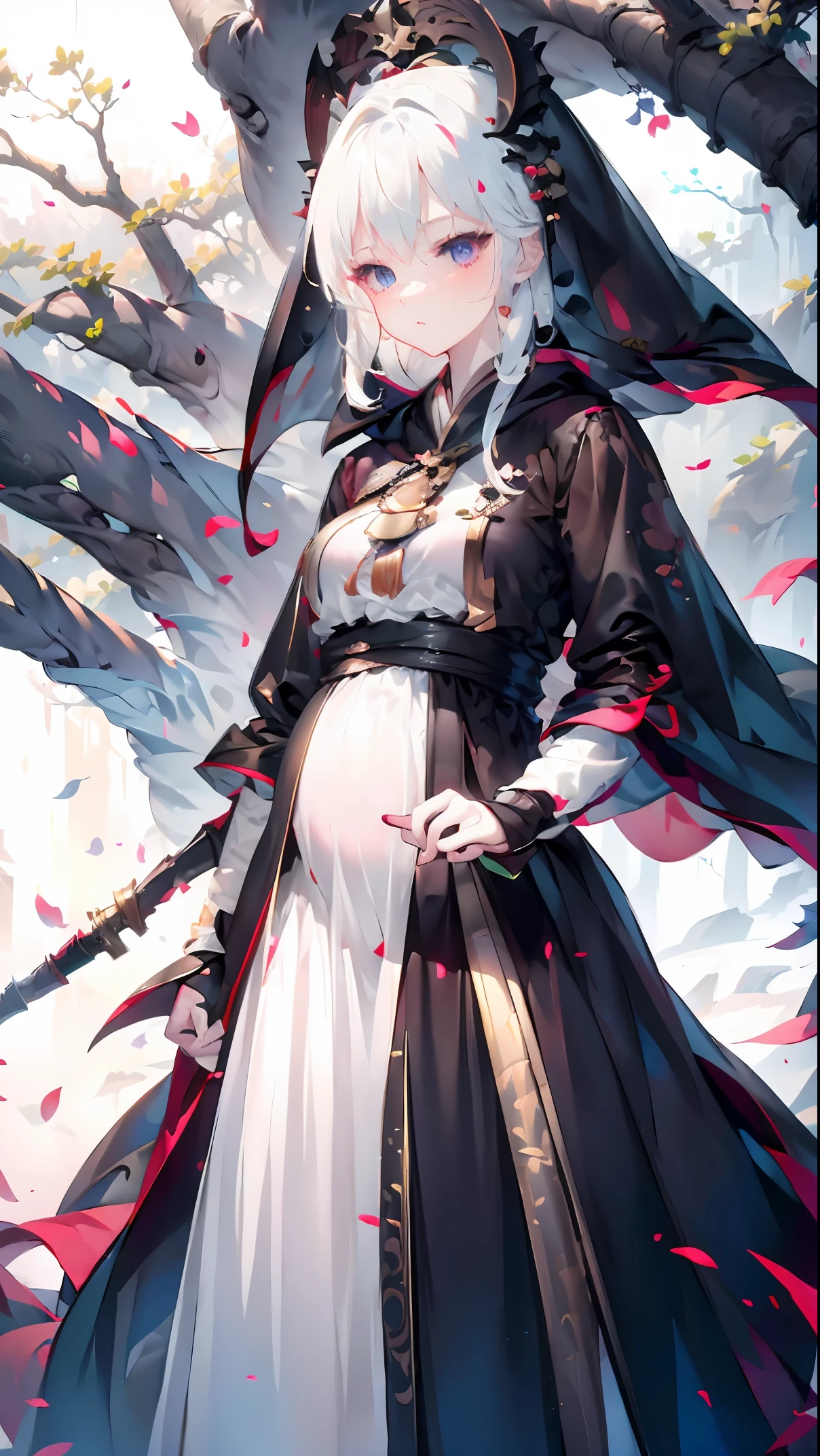 Golden hairpin, white ash hair, black shirt, white skirt, (black cloak:1.2), pale face, sweating, heavy breath, blushing, pregnancy dresest quality:1.2), ultra-detailed,realistic ,portraits, vivid colors, soft lighting, interesting PoV, stocking, straight hair, pregnant, Pregnant belly, anime girl, solo girl, light blue eye,