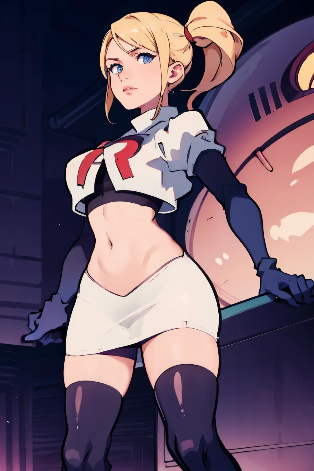 samus aran, ponytail, hair tie, team rocket, team rocket uniform, red letter R, white skirt, white crop top, black thigh-highs, black elbow gloves, spaceship background