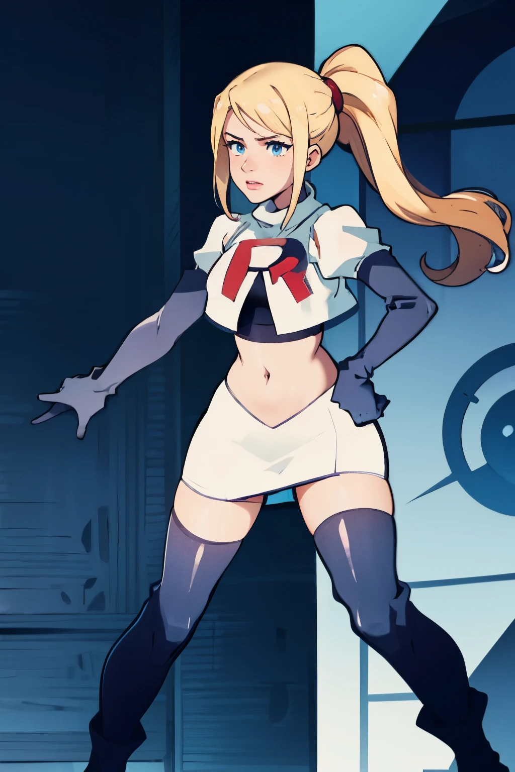 samus aran, ponytail, hair tie, team rocket, team rocket uniform, red letter R, white skirt, white crop top, black thigh-highs, black elbow gloves, spaceship background