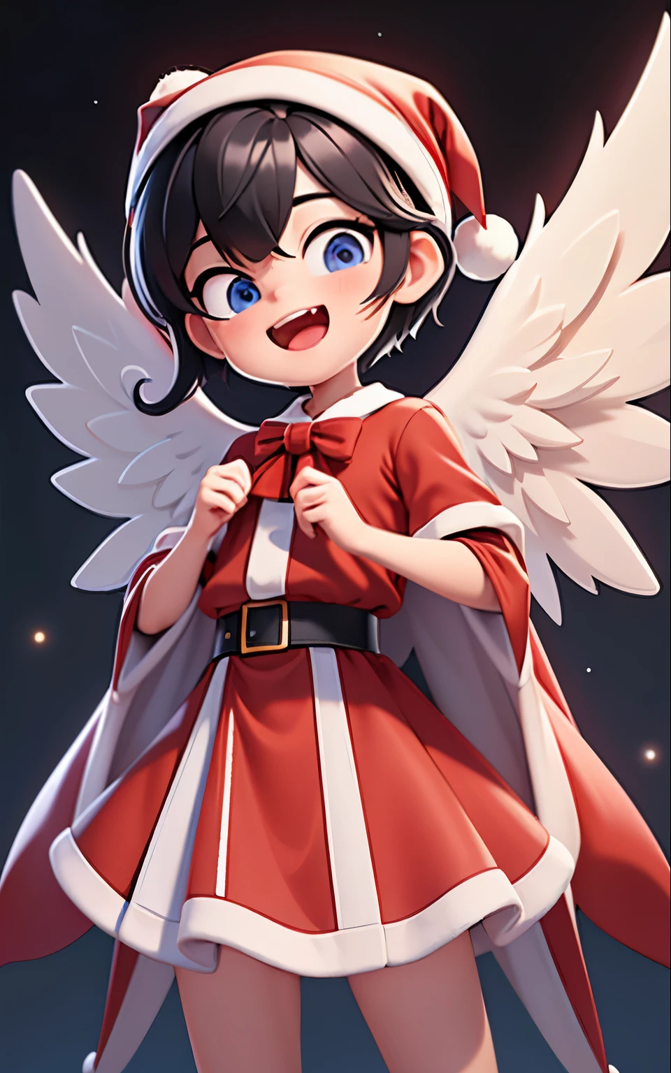 top-quality, 8K, ultra-detailliert, Pixar, 1 male, Angelic appearance, (Short-haired black hair:1.5), Eyes are blue, Yancha Face, (With keen eyes:1.5), (Bad eyes:1.5), Laughing with open mouth, Bad character, (Little white angel wings:1.5), (Red Santa Hat:1.3), (red angelic santa costume:1.3), red santa pants, 独奏, Bangs, male people, Upper body, free pose