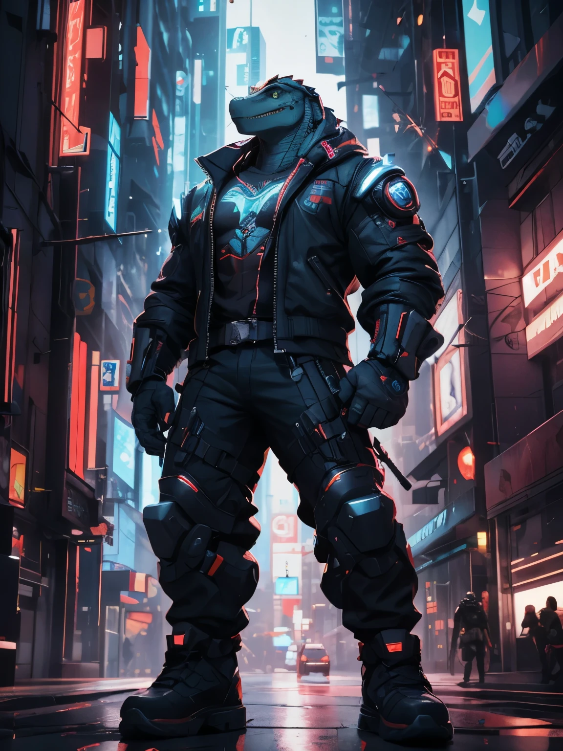 Guerreiro cyberpunk de crocodilo de vanguarda com arma grande