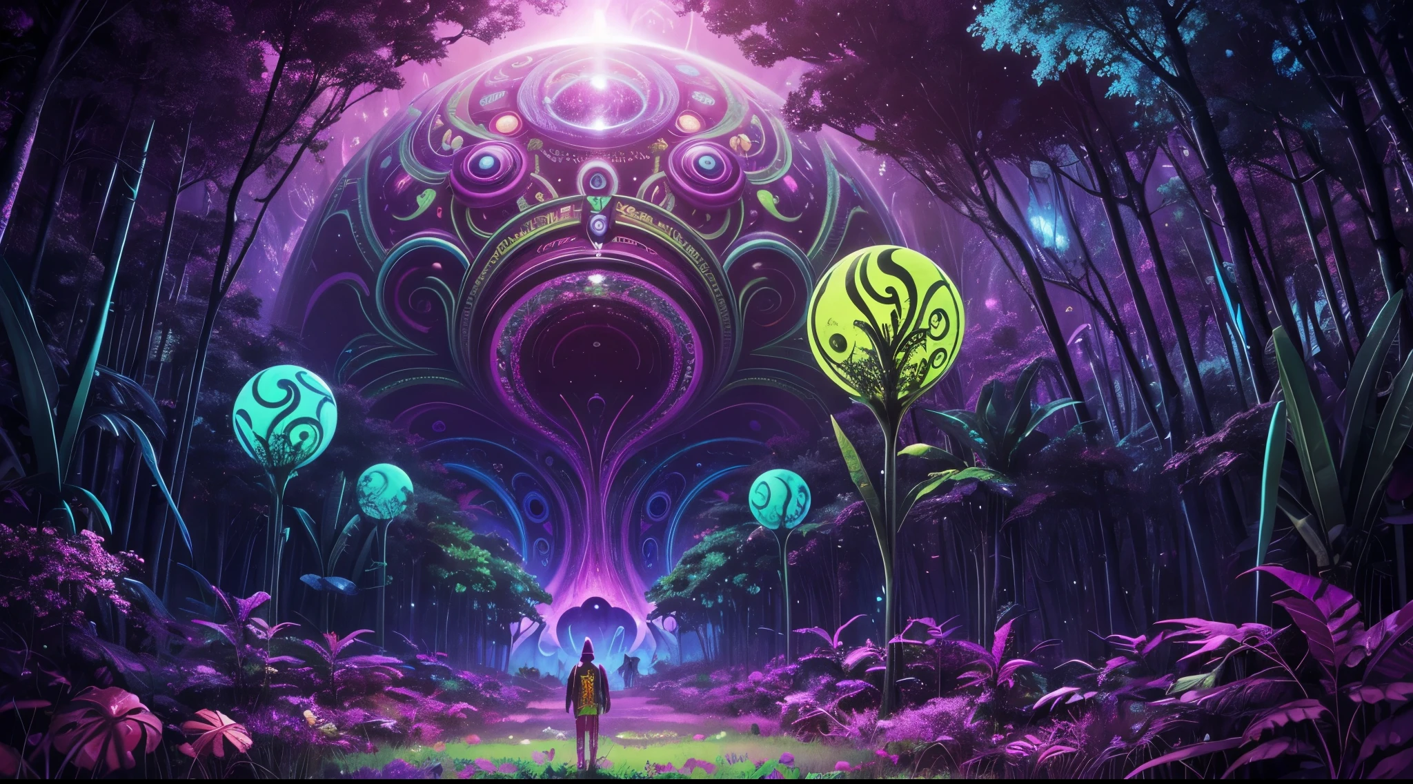 A poster of a psychedelic psychedelic psychedelic psychedelic, extraterrestrial paradise, psychedelic artwork, Arte Trippy, Viagem DMT, psychedelic artwork, psychedelic acid trip, alien forest in background, on a lush fertile alien planet, psychedelic trip, Surreal alien realm, Futuristic psychedelic hippie, while tripping on dmt