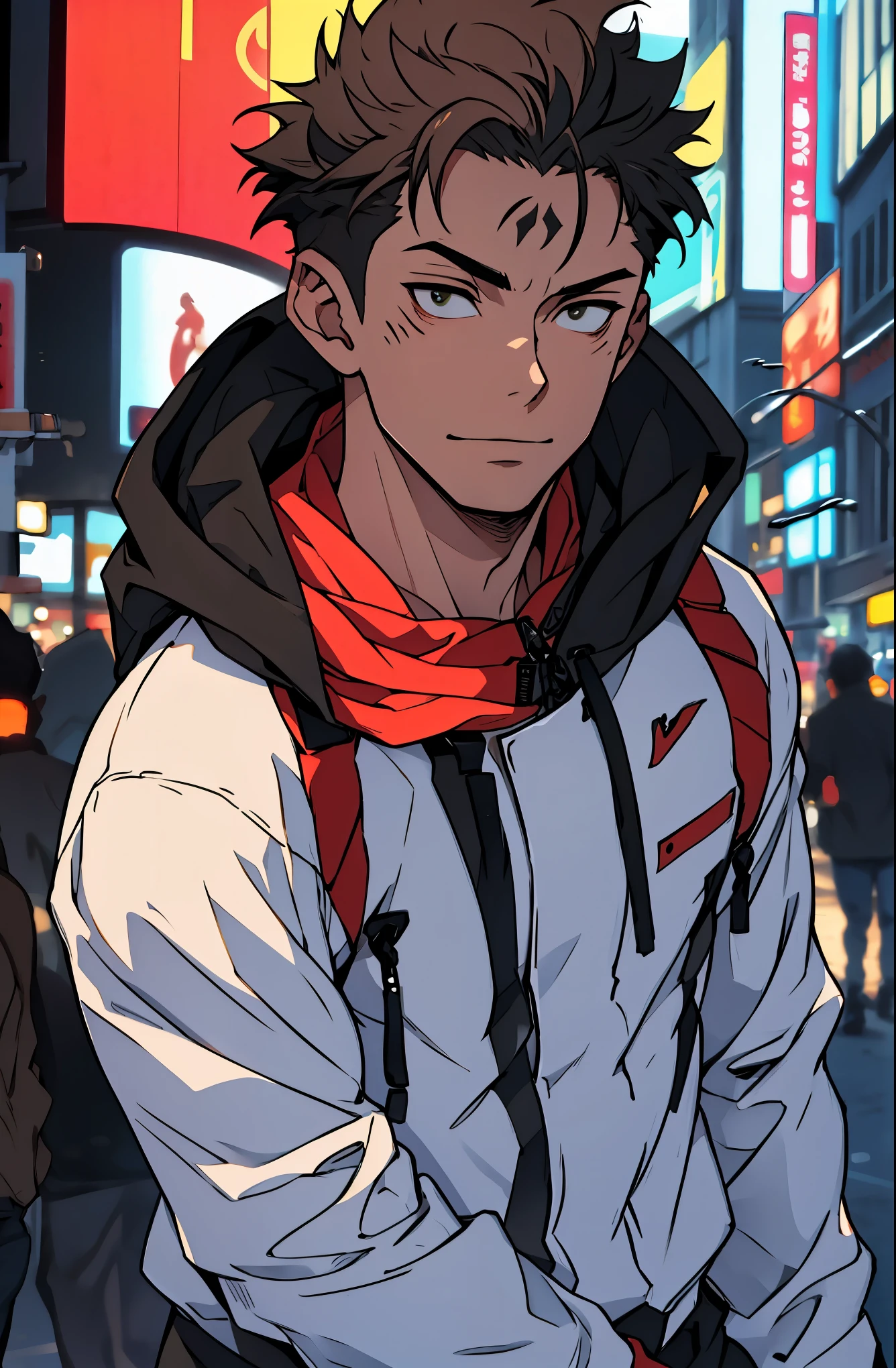 A mais alta qualidade, 8K, image high resolution, good ilumination, sombras detalhadas, Detailed strokes, no meio de uma avenida movimentada estilo Times Square de noite , inverno, apoiado em um dos postes, adolecente, Yuji Itadori, Dark Brown Hair , pele muito branca, Wearing a cold jacket , masculo , Tight chest in jacket , (angulo de baixo), (Angulo de Perto), pernas definidas, defined arms, com a camisa,