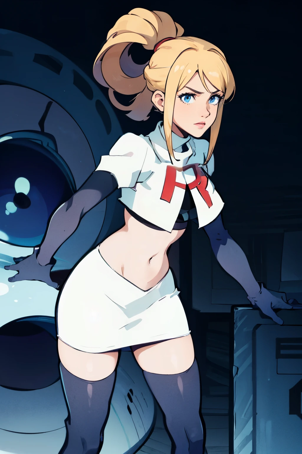 samus aran, ponytail, hair tie, team rocket, team rocket uniform, red letter R, white skirt, white crop top, black thigh-highs, black elbow gloves, spaceship background