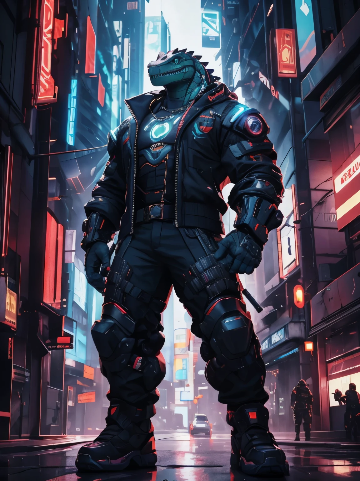 Guerreiro cyberpunk de crocodilo de vanguarda com arma grande