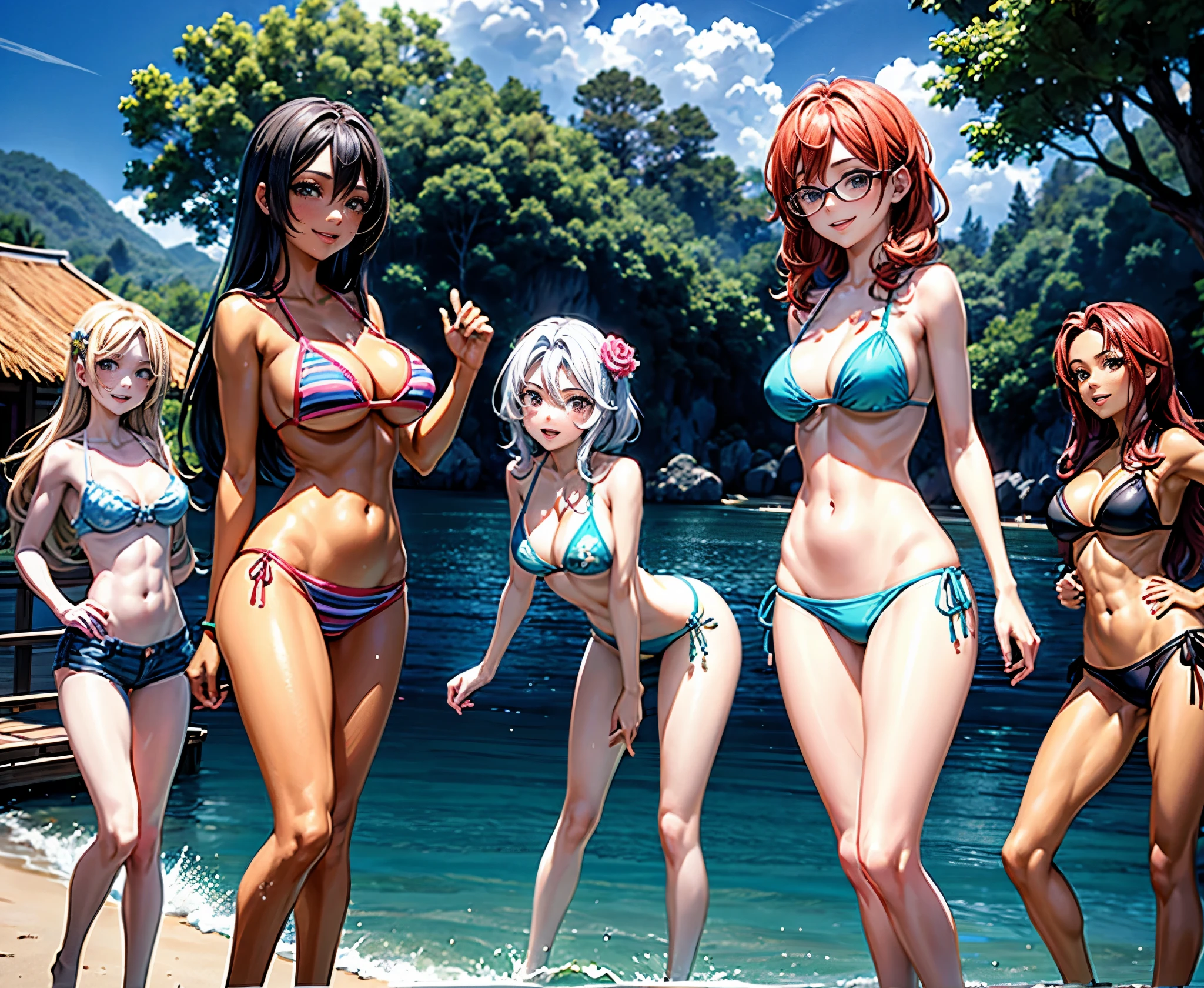 four girls in bikinis, cada uma das s com um cor de cabelo diferente, castanho escuro, louro, rosa e marrom claro. with bikini, sorriso travesso, Looking at the Viewer, waterpark, olhos detalhados e bonitos, sorriso leve.