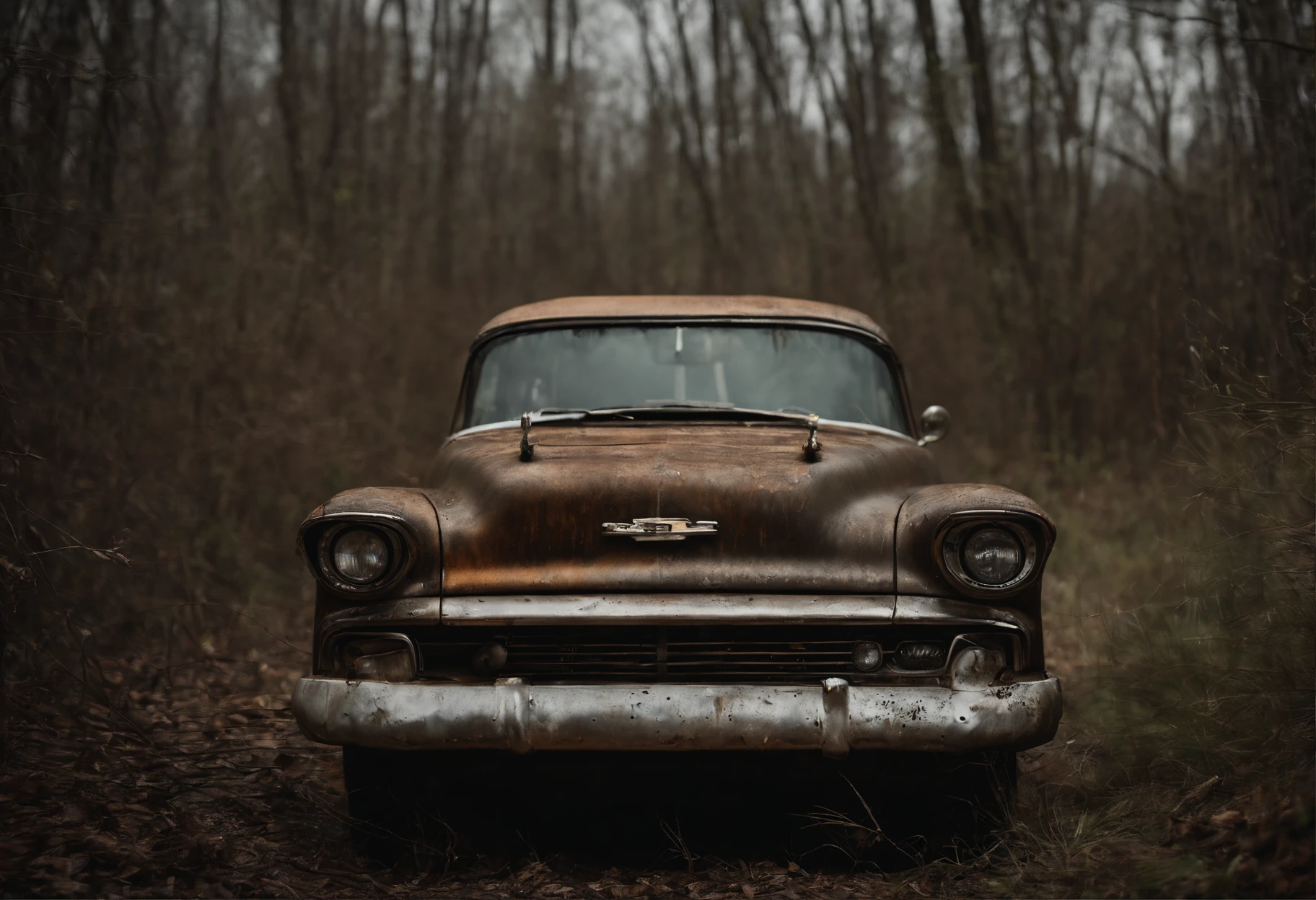 A rusty chevy in a swamp