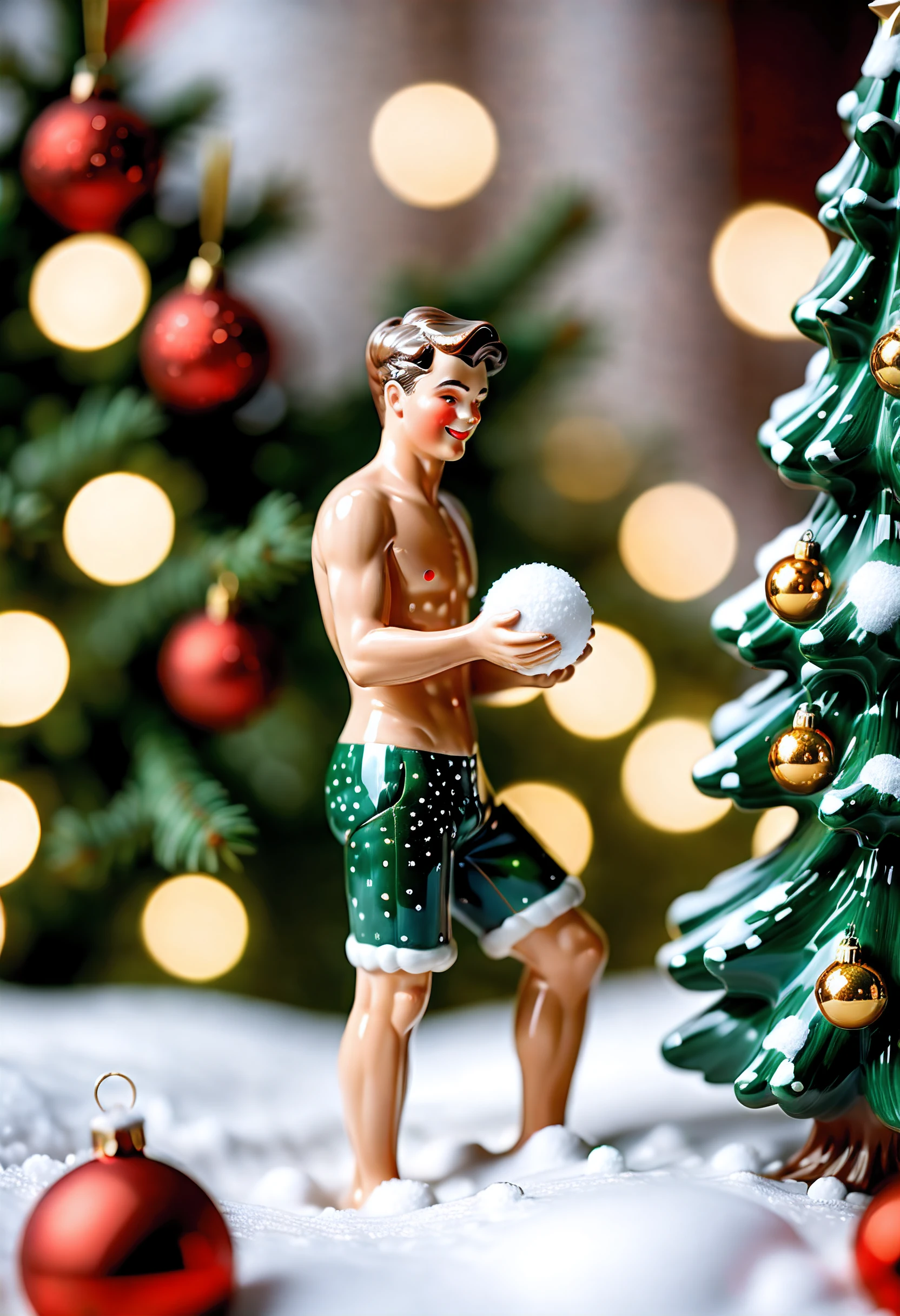 hd 16k, porcelain from 1940s, exquisite 20th-century hand-painted vitrified ceramic homoerotic polished 1940s boys playing snowballs a precious Christmas very fine hand-painted porcelain figurine, christmas tree background bokeh, shiny detailed, frighteningly seductive gay sexy, surreptitiously shot image of male naked, ceramic figurinescuplture,