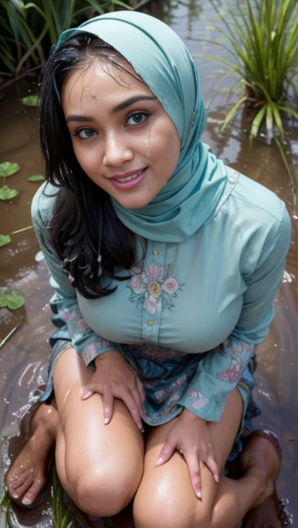 RAW, Best quality, high resolution, Masterpiece: 1.3), Beautiful Malay woman in hijab, Masterpiece, Perfect slim body, Beautiful big eyes, perfect make up, Watery eyes, perfect nose, Soft smile, Wet lips, Big breasts, ((Wearing a thin light green Malay shirt that tight floral patterned, batik, covered hijab)),sitting position on muddy rice paddy field, (( spilled mud on full body)),((mud on face)), muddy rice field, rice field background, ,(big boog breasts, , (cleavage),(characters play),looking to camera, smiling,( long black hair),(perfect fingers),(perfect blue eyes),masterpiece collection,seductive  random pose,(full body closeup camera view),high resolution, highly detailed, NSFW, SFW, (up skirt:1.5), (showing pussy with pubic hair:0.9), wet face with semen, sexy seducing poses, view from above.