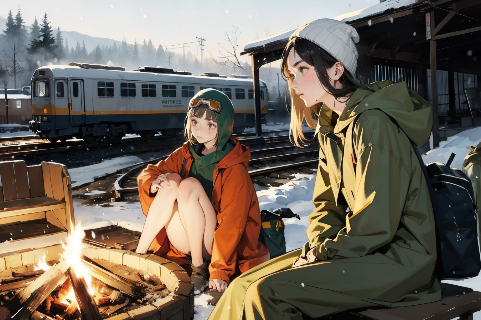 masterpiece, best quality, 2girls, (closeup), (capmfire), 18yo , slim, small breast, sitting on floor  around the campfire, sad, tired, dirty face, green raincoat, hoods on, goggles on head, (backpacks), military pants, train station, abandoned trains, desolate, night, dark, heavy snowhall, (snowfall:1.2), snow, winter, dirt, grey, watercolor