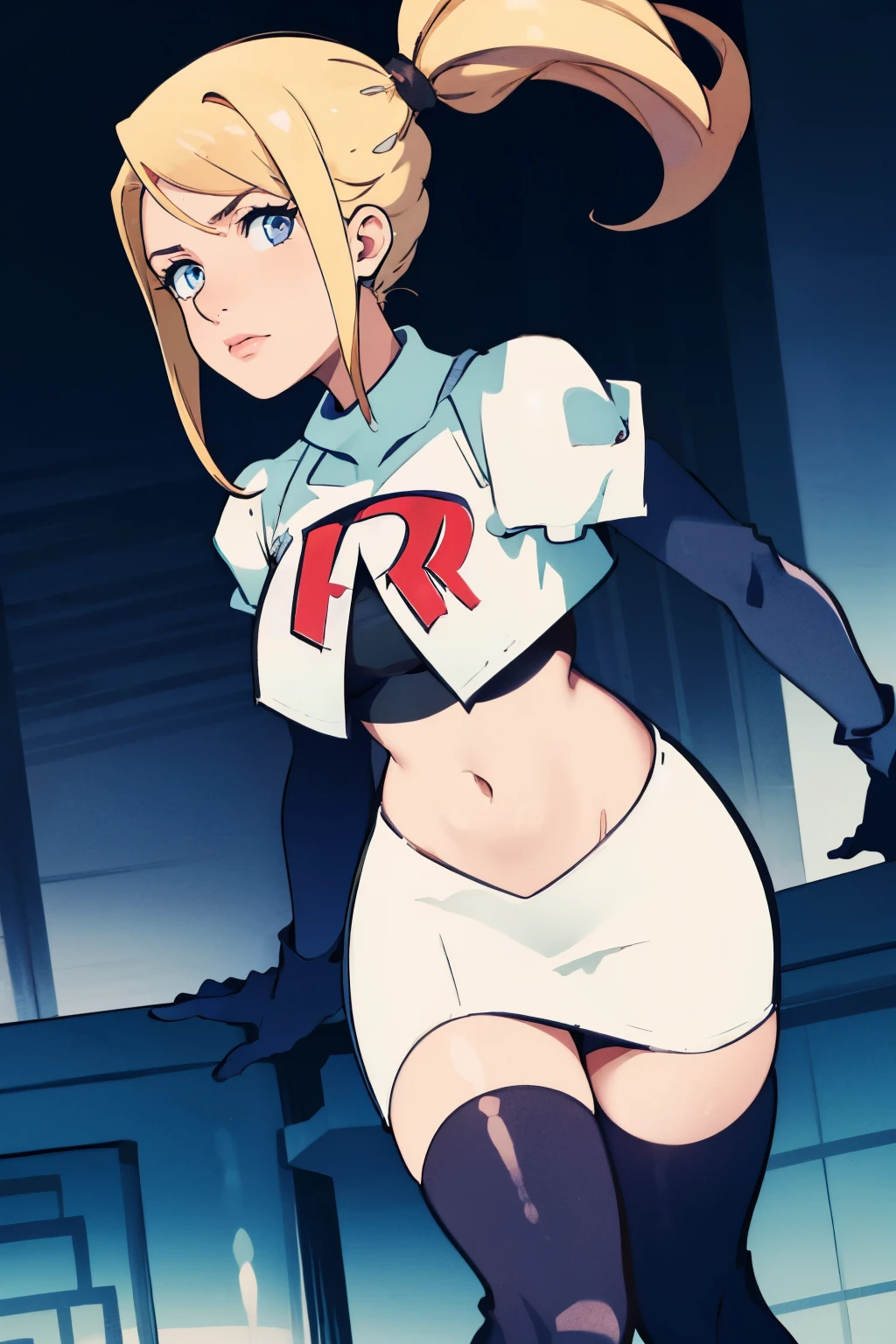 samus aran, ponytail, hair tie, team rocket, team rocket uniform, red letter R, white skirt, white crop top, black thigh-highs, black elbow gloves, spaceship background
