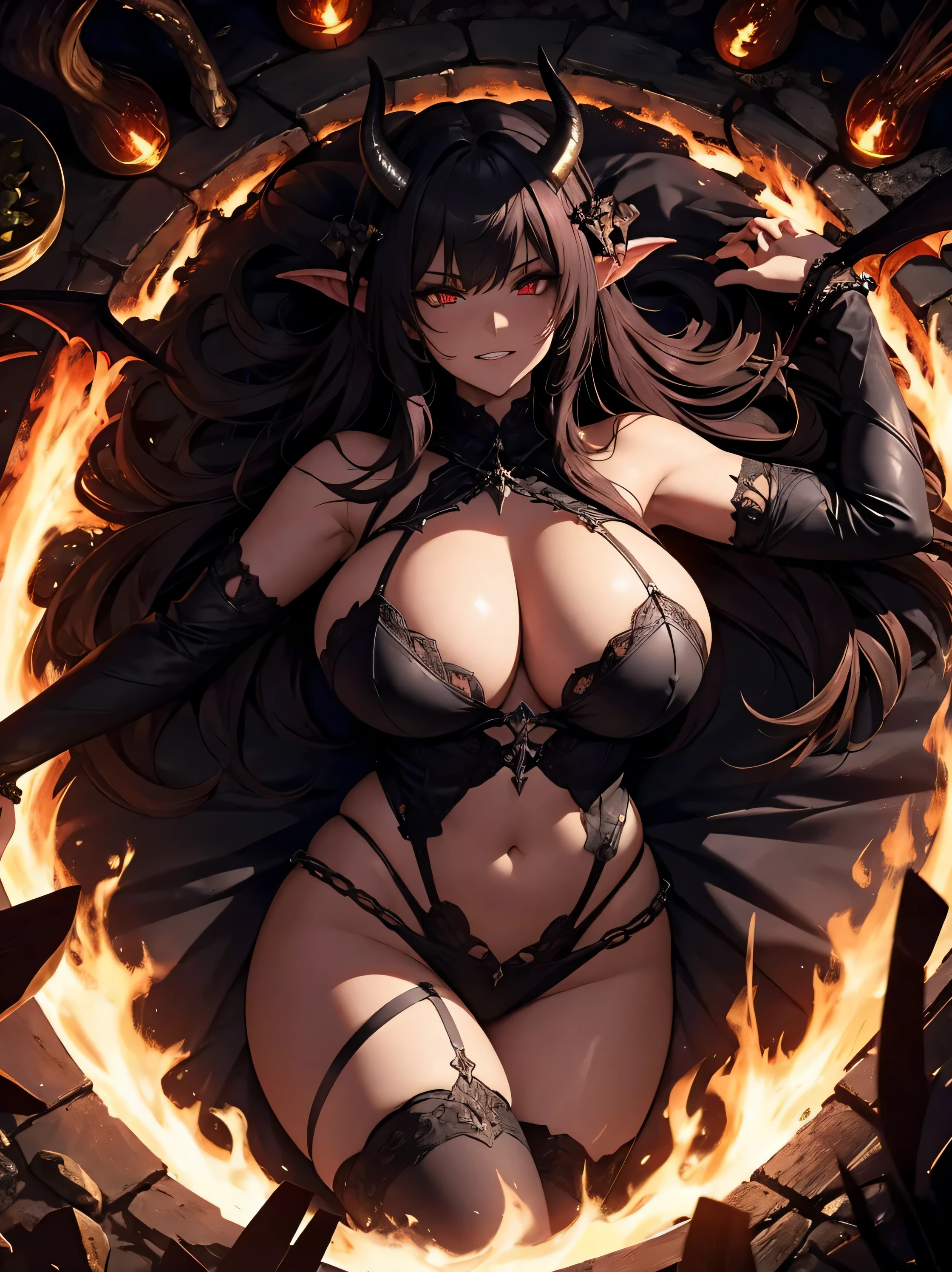 Fantasy, night, 4k, high detailed, Cinematic scene and lighting, a voluptuous succubus with horns and curvy body, in the wide dark stone hall, heavy Iron chains wrapped around her body, lying down on the ground, twisting in lust, fire circle, evil smirk, showing teeth, red eyes, shot from above her, top down