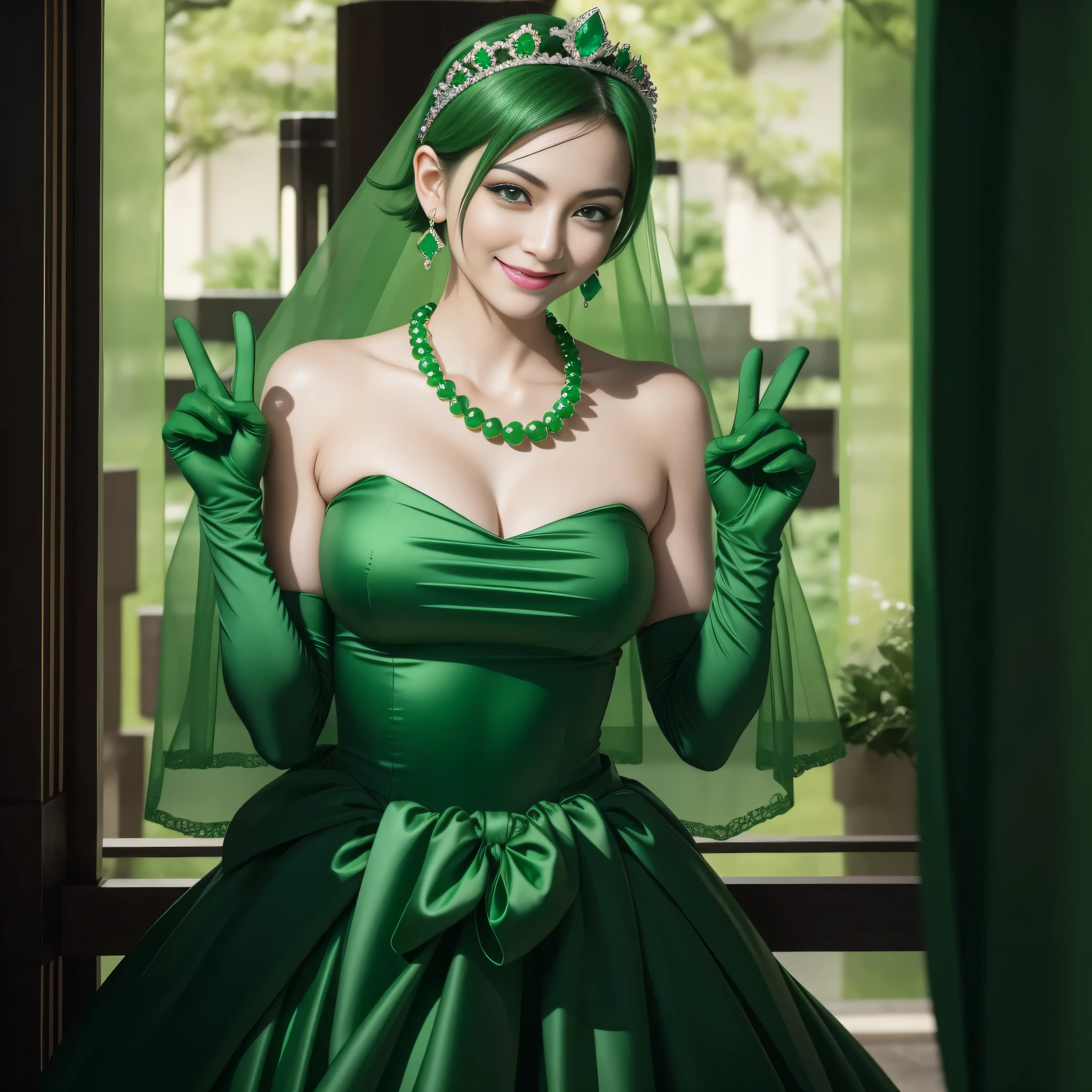 emerald tiara, Green Pearl Necklace, Boyish very short green hair, lipsticks, Japan woman smiling, very short short hair, big breasts beautiful, Green eyes, Long green gloves made of satin material, Green eyes, Emerald Earrings, green vale, v sign