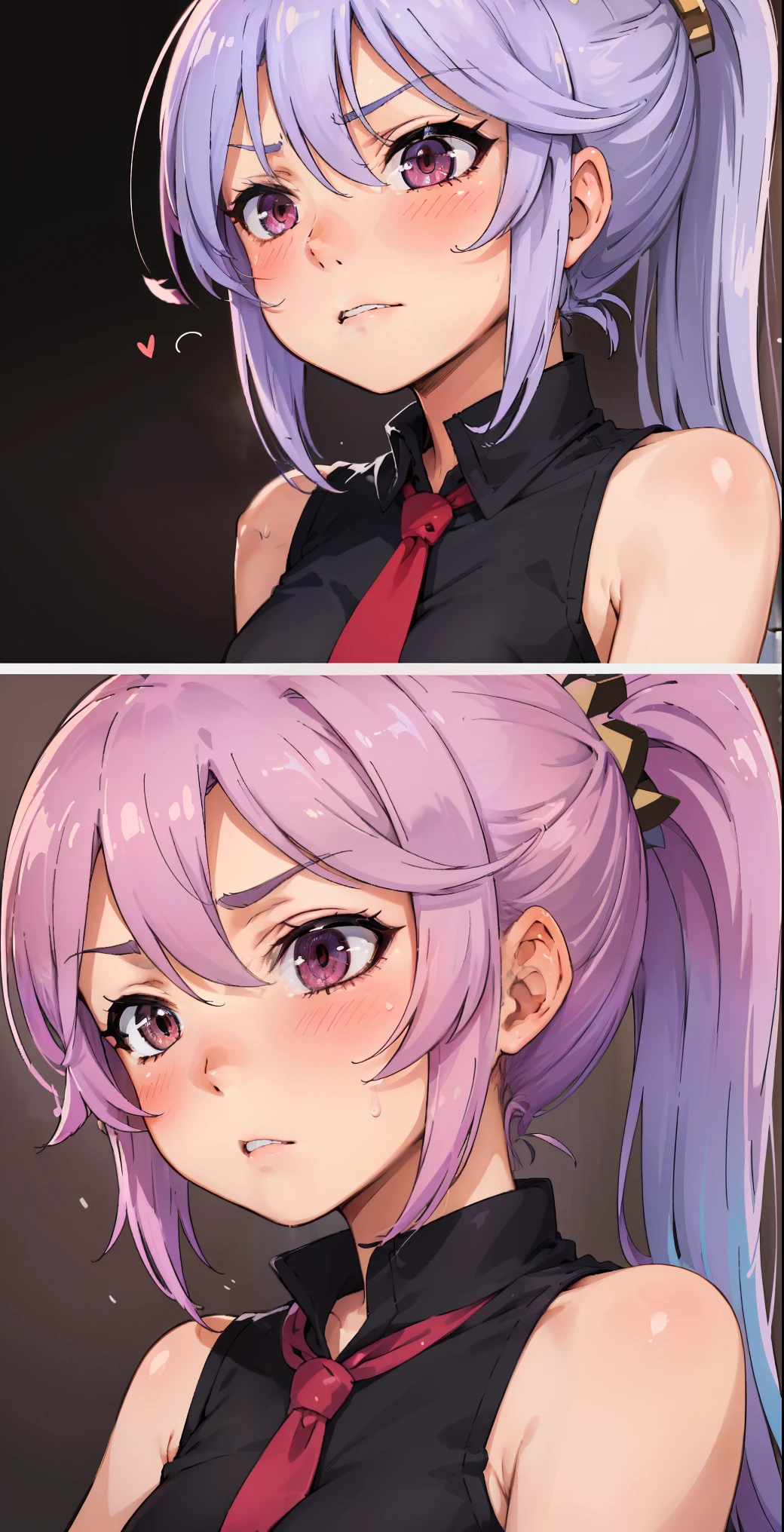 Jibril, (standing), blushed, perfect anatomy, detailed eyes, detailed lips, extremely detailed eyes and face, vivid colors, sharp focus, masterpiece:1.2, ultra-detailed, blushed, ((doggystyle)), (solo), ((tie)), sleeveless, ((((ponytail)))), (((disdain, disgust))), story.