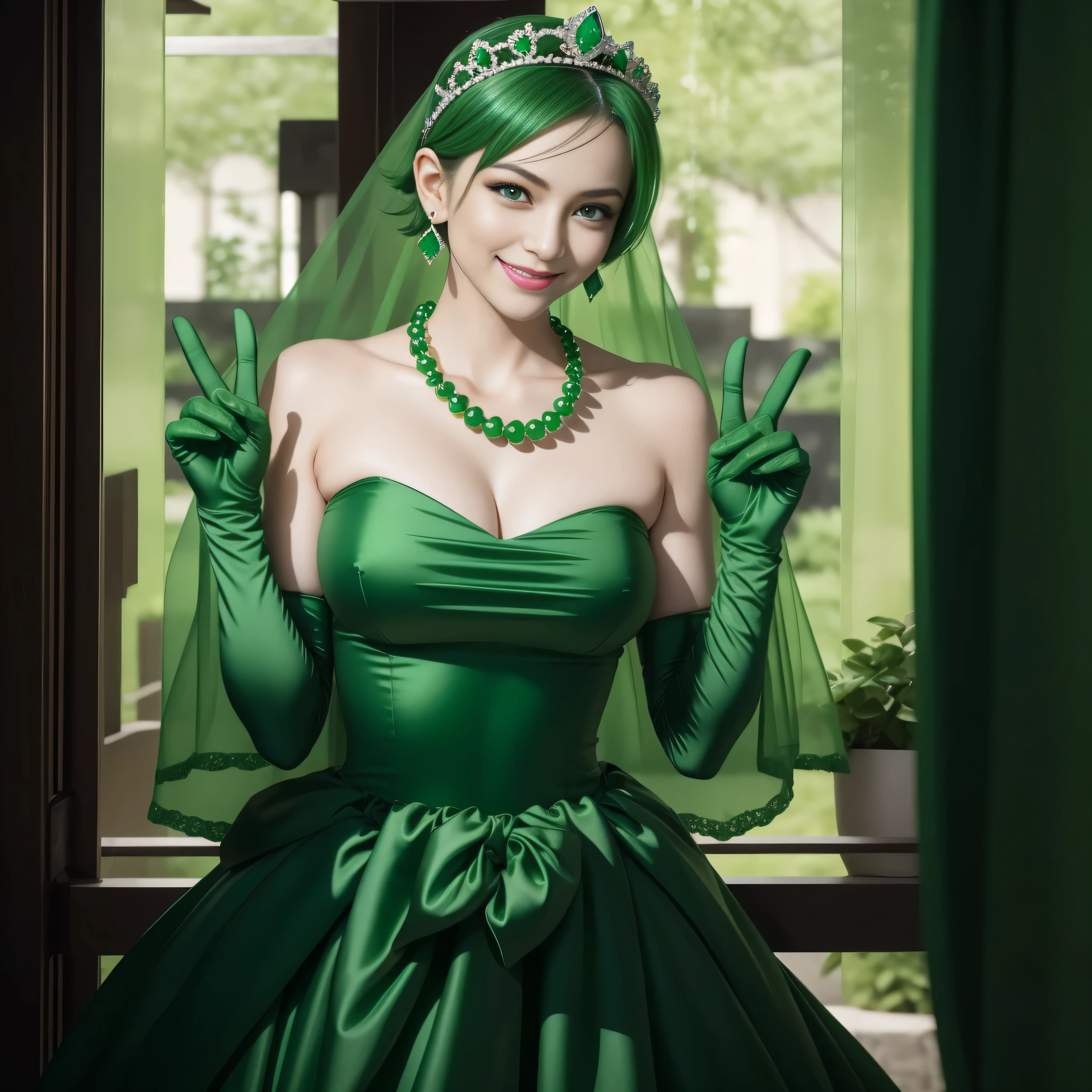 emerald tiara, Green Pearl Necklace, Boyish very short green hair, lipsticks, Japan woman smiling, very short short hair, big breasts beautiful, Green eyes, Long green gloves made of satin material, Green eyes, Emerald Earrings, green vale, v sign