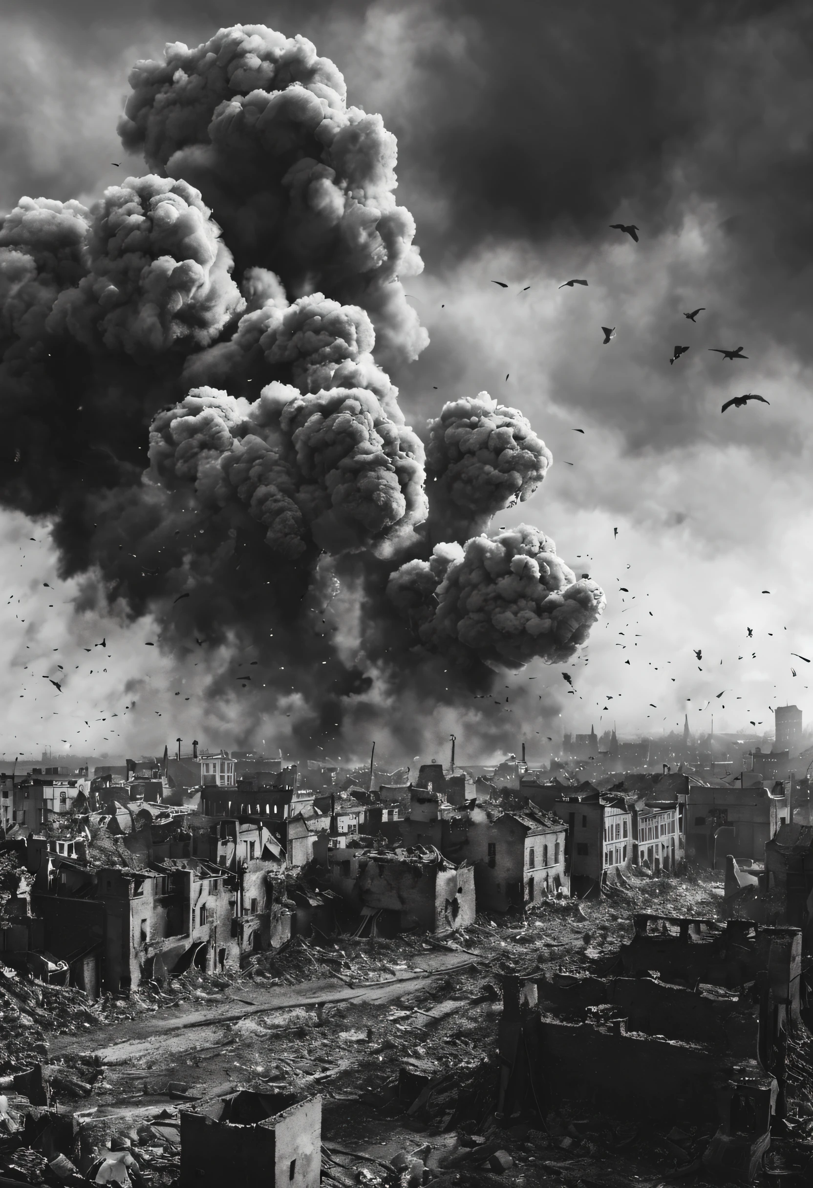 city destroyed in the first world war in black and white style horizontal view transparent background bombs shots battle for shirt 4k
