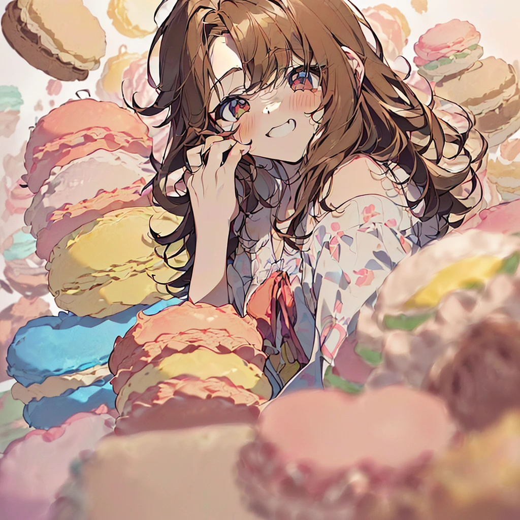 ((1Chico)、((19 years old)、((alta calidad)、(Ojos color miel)、(Light brown hair with messy hair.)、(pale skin with blush on the cheeks))、traje de panaderia 、((mirada de mucha felicidad y adorable)、((pelo corto)、sosteniendo una bandeja con macarons de diferentes colores lindos