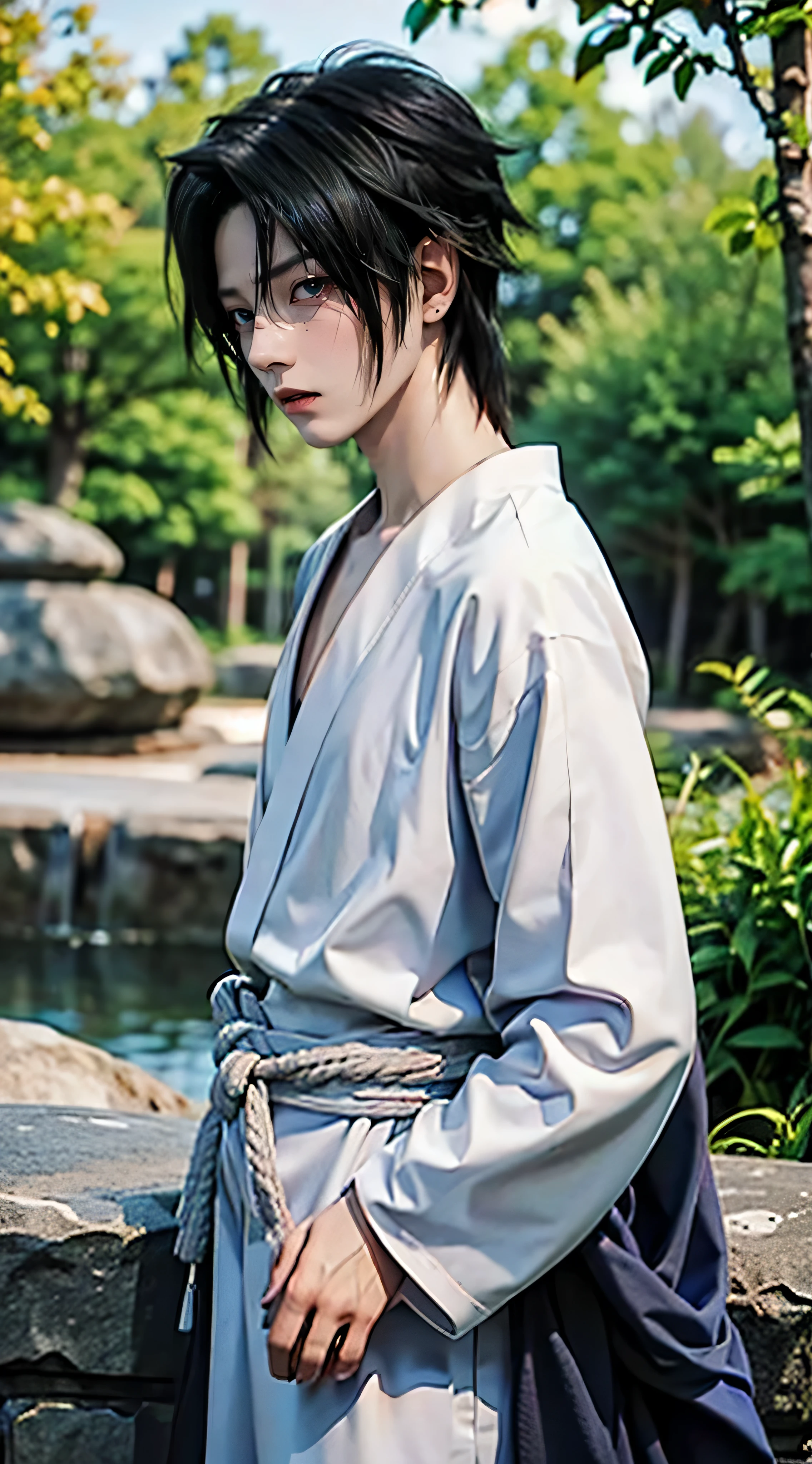 ((4K works))、​masterpiece、（top-quality)、((high-level image quality))、((One Manly Boy))、Slim body、((Uchiha Sasuke's Cosplay))、((uchiha sasuke))、((Cosplay))、(Detailed beautiful eyes)、((Smaller face))、((Neutral face))、((18year old))、((Handsome man))、((photo of a model))、((Like a celebrity))、Professional Photos、((Shot alone))、((shot from a side angle))