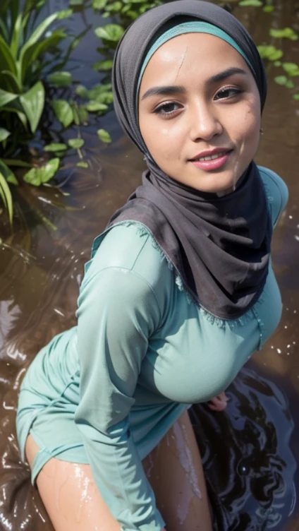 RAW, Best quality, high resolution, Masterpiece: 1.3), Beautiful Malay woman pregnant in hijab, Masterpiece, Perfect slim body, Beautiful big eyes, perfect make up, Watery eyes, perfect nose, Soft smile, Wet lips, Big breasts, ((Wearing a thin light green Malay shirt that tight floral patterned, batik, covered hijab)),sitting position on muddy rice paddy field, (( spilled mud on full body)),((mud on face)), muddy rice field, rice field background, ,(big boog breasts, , (cleavage),(characters play),looking to camera, smiling,( long black hair),(perfect fingers),(perfect blue eyes),masterpiece collection,seductive  random pose,(full body closeup camera view),high resolution, highly detailed, NSFW, SFW, (up skirt:1.5), (showing pussy with pubic hair:1), wet face with semen, sexy seducing poses, view from above. Dirty clothes covered in dirt