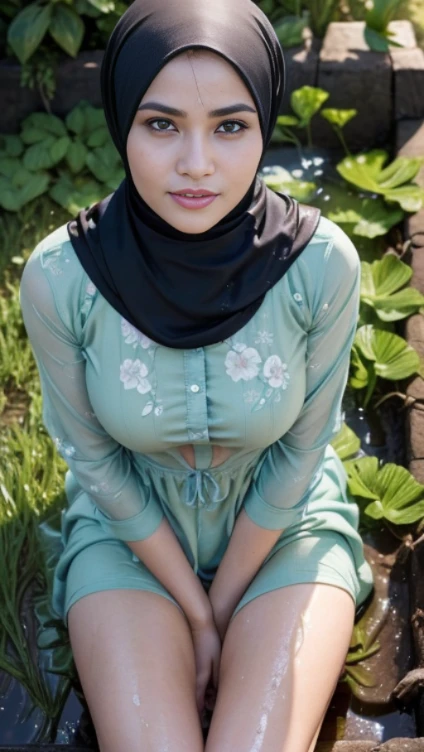 RAW, Best quality, high resolution, Masterpiece: 1.3), Beautiful Malay woman in hijab, Masterpiece, Perfect slim body, Beautiful big eyes, perfect make up, Watery eyes, perfect nose, Soft smile, Wet lips, Big breasts, ((Wearing a thin light green Malay shirt that tight floral patterned, batik, covered hijab)),sitting position on muddy rice paddy field, (( spilled mud on full body)),((mud on face)), muddy rice field, rice field background, ,(big boog breasts, , (cleavage),(characters play),looking to camera, smiling,( long black hair),(perfect fingers),(perfect blue eyes),masterpiece collection,seductive random pose,(full body closeup camera view),high resolution, highly detailed, NSFW, SFW, (up skirt:1.5), (showing pussy with pubic hair:1), wet face with semen, sexy seducing poses, view from above.