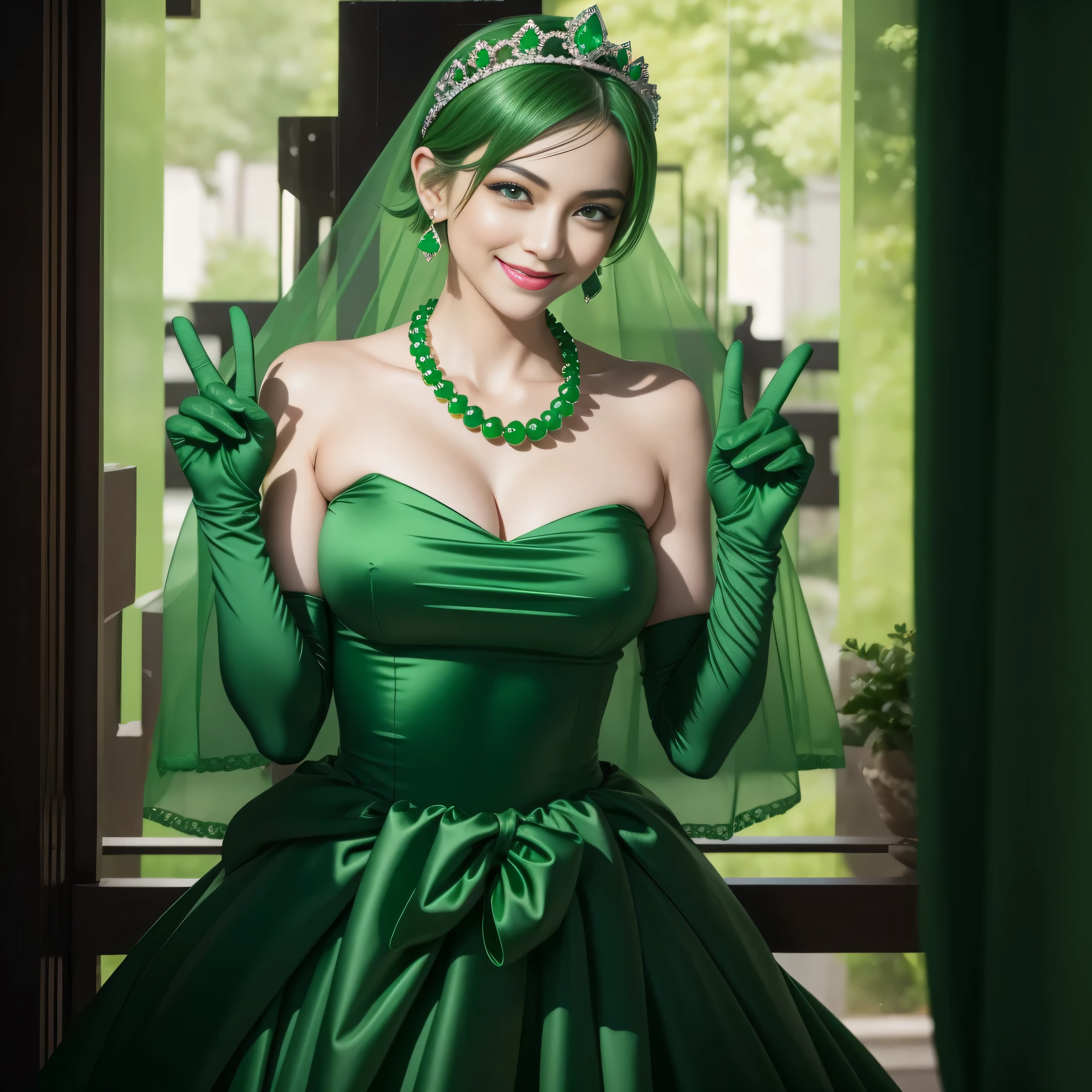 emerald tiara, Green Pearl Necklace, Boyish very short green hair, lipsticks, Japan woman smiling, very short short hair, big breasts beautiful, Green eyes, Long green gloves made of satin material, Green eyes, Emerald Earrings, green vale, v sign