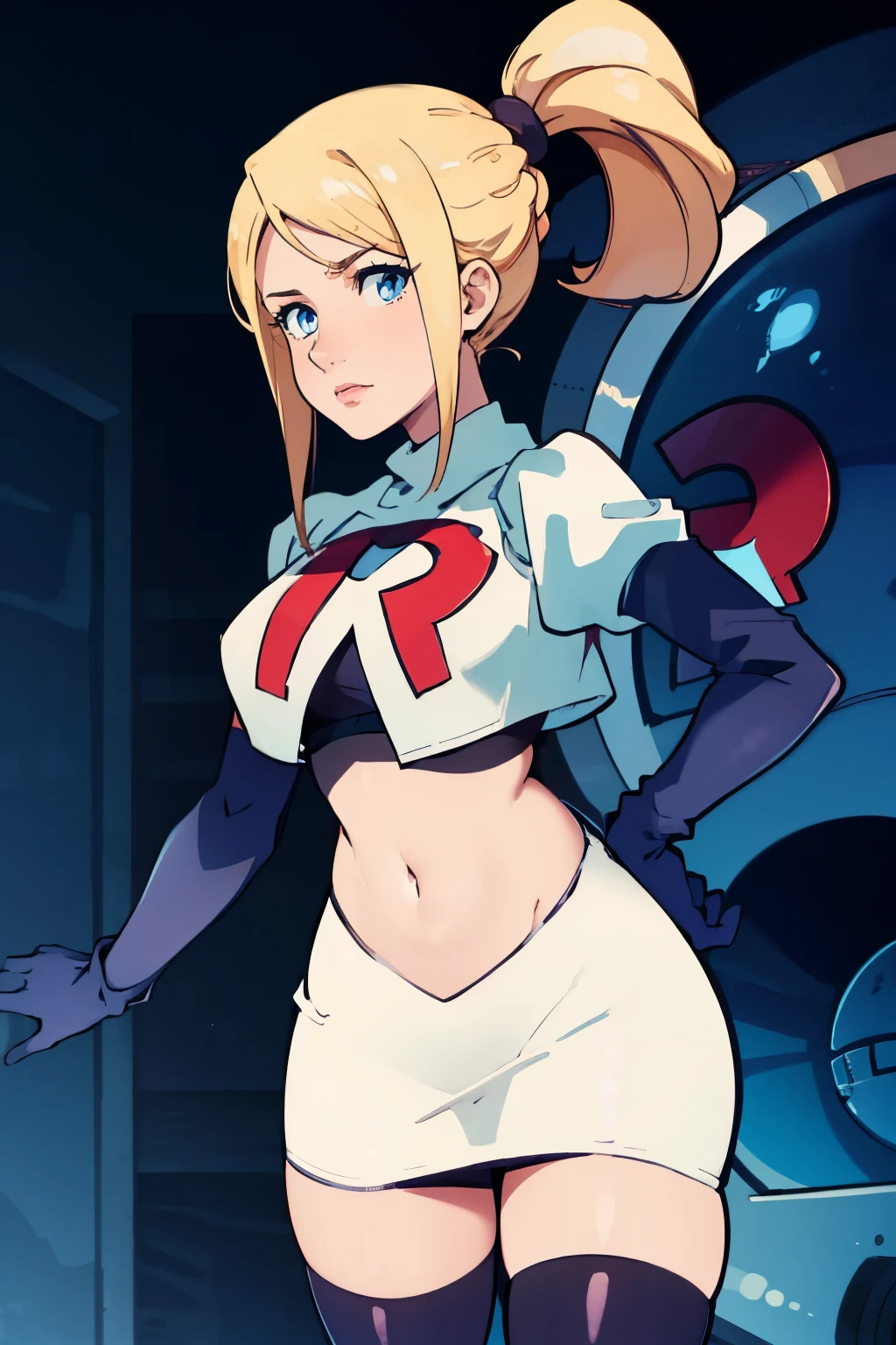 samus aran, ponytail, hair tie, team rocket, team rocket uniform, red letter R, white skirt, white crop top, black thigh-highs, black elbow gloves, spaceship background
