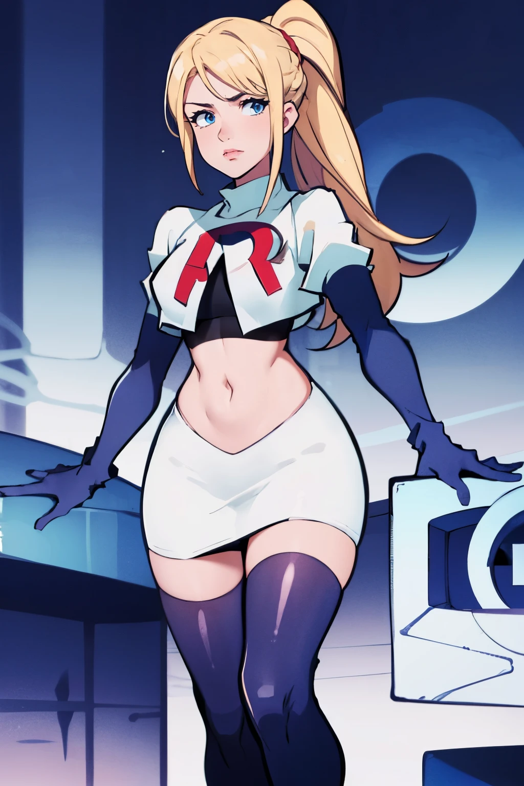 samus aran, ponytail, hair tie, team rocket, team rocket uniform, red letter R, white skirt, white crop top, black thigh-highs, black elbow gloves, spaceship background