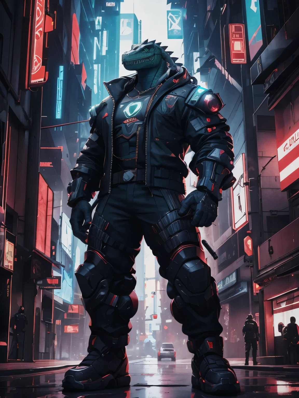 Guerreiro cyberpunk de crocodilo de vanguarda com arma grande