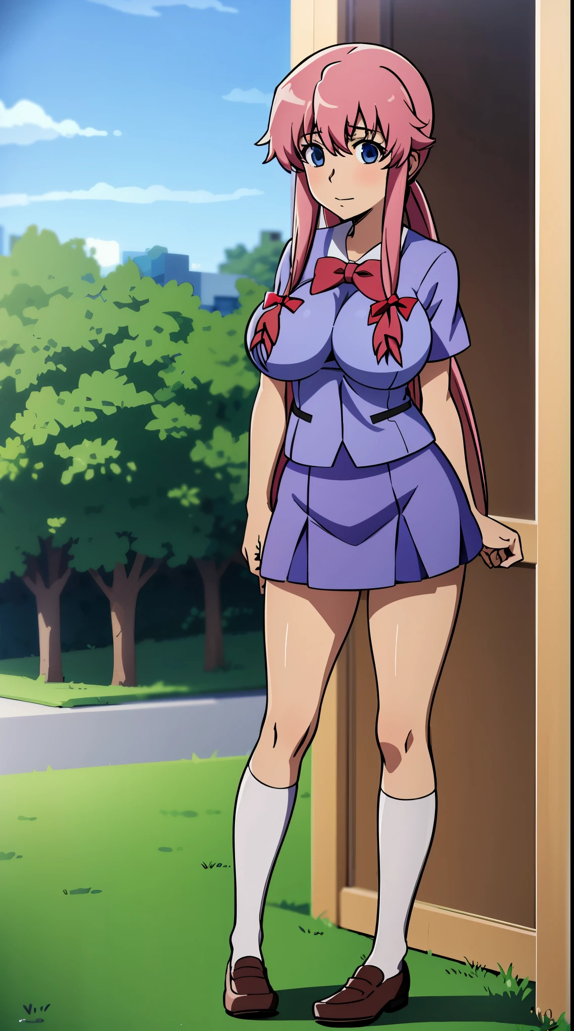 anime_still, masterpiece, best quality, 1girl, Gasai Yuno, (large breasts:1.5), school uniform, blue shirt, blue skirt, knee socks, loafers