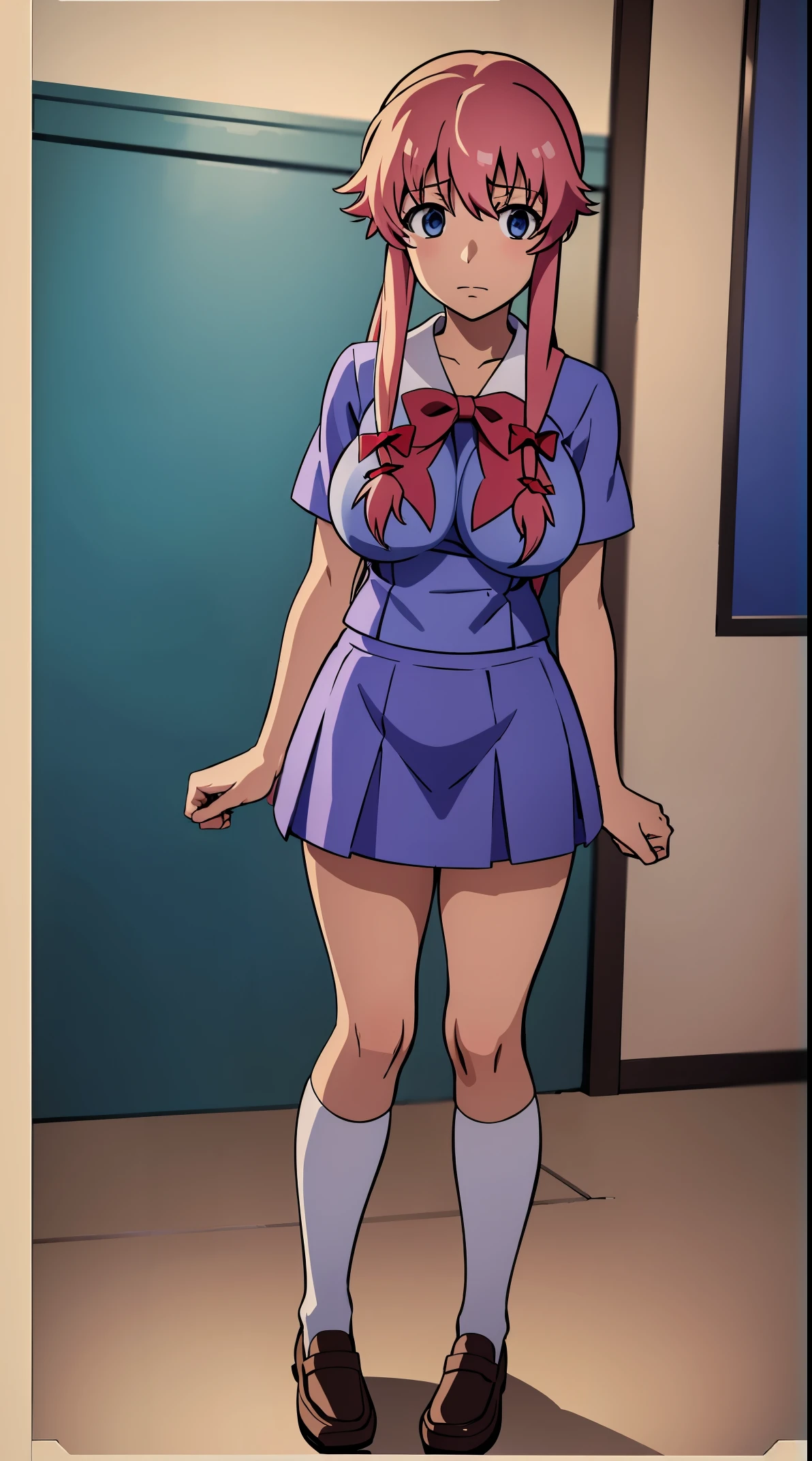 haramura nodoka,pink hair,1990s,anime art style,anime screencap,spread legs,full body standing,(nsfw),(nude),(((gigantic breast))),(((dropping breast))),slim waist,(masterpiece, highest quality, detailed background),perfect anatomy,(perfect face),saionji_nana me,1 girl,hair ornaments,twintail,Happy,Are standing,classroom,arms bihind head,