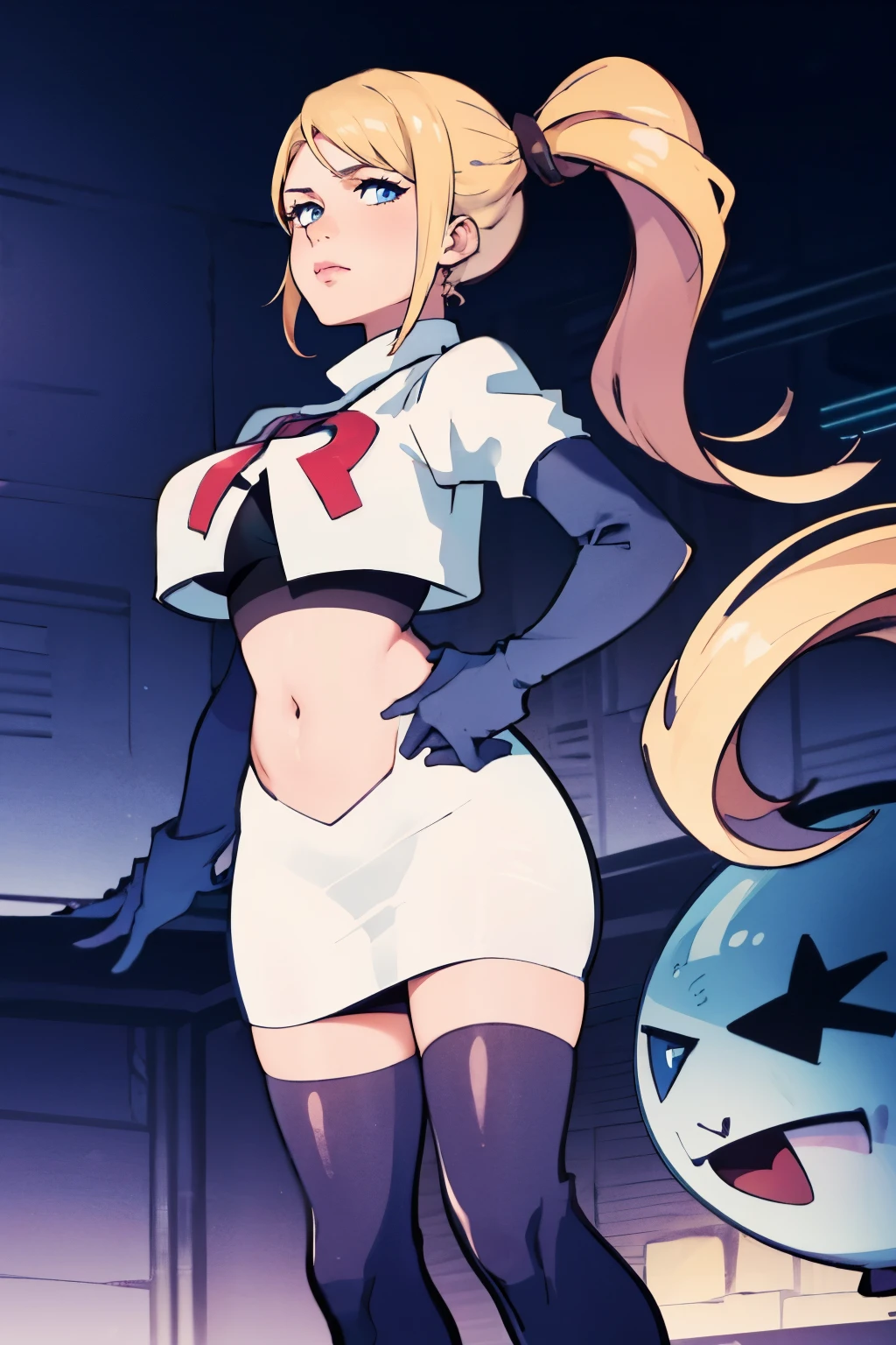 samus aran, ponytail, hair tie, team rocket, team rocket uniform, red letter R, white skirt, white crop top, black thigh-highs, black elbow gloves, spaceship background