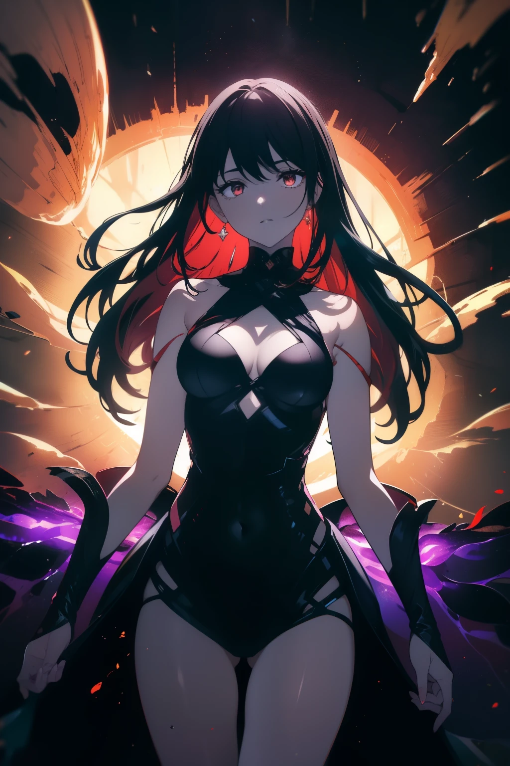 ((((Obra maestra, La mejor calidad, ultrahigh resolution)))), 1girl, happy, (((standing, suit of red armor))), (black hair, dark black hair over eye:1), long hair cut, pale skin, ((brown eyes)), (glowing_eyes), (ultra detailed eyes:0.7, beautiful and detailed face, detailed eyes:0.9), ((centered)), ((over joyed expression)), ((wide shot)), facing viewer, (((indoor part, purple and black lights, black dancing silhouettes:0.9, rave:1))), medium breasts, looking at viewer, ((half closed eyes)), ((perfect hands)), (((head:1, arms, hips in view, elbows, thighs, in view))), ((hands at sides)), lively eyes, beautiful lighting, outside, outdoors, background, defined subject, 25 years old, (head tilt), (((cool))), ((lively)), (((wave of fire, flames)))