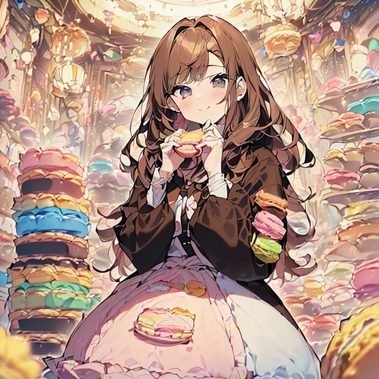 ((1Hombre)、((19 years old)、((alta calidad)、(Ojos color miel)、(Light brown hair with messy hair.)、(pale skin with blush on the cheeks))、traje de panaderia 、((mirada de mucha felicidad y adorable)、((pelo corto)、sosteniendo una bandeja con macarons de diferentes colores lindos