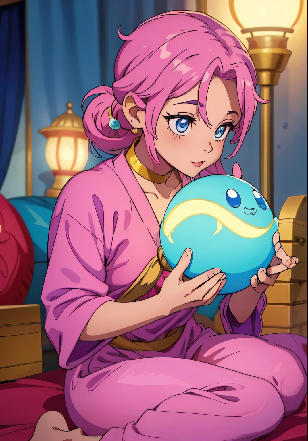 one person, cute girl, Genie of the lamp, Inspired by the genie of the magic lamp in the movie Aladdin, Beautiful eyes, pink clothes, tied hair