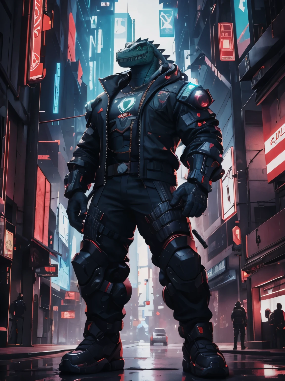 Guerreiro cyberpunk de crocodilo de vanguarda com arma grande